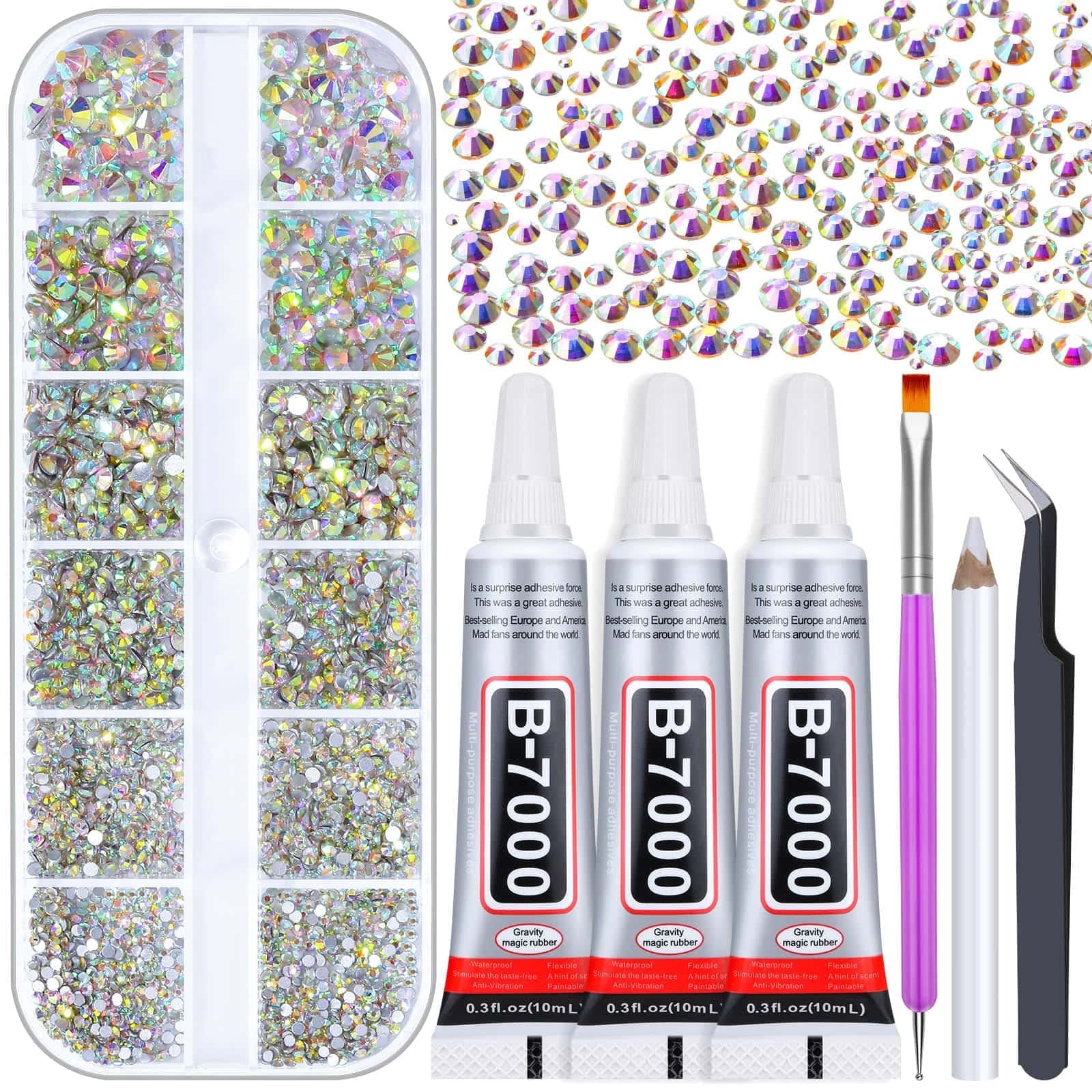 Audab B-7000 Adhesive Glue Kit with Rhinestone for Craft, 2100Pcs Crystal AB Rhinestones with 3pcs Clear Adhesive Glue for DIY Clothes Fabric Shoes Jewelry Making Nail Art