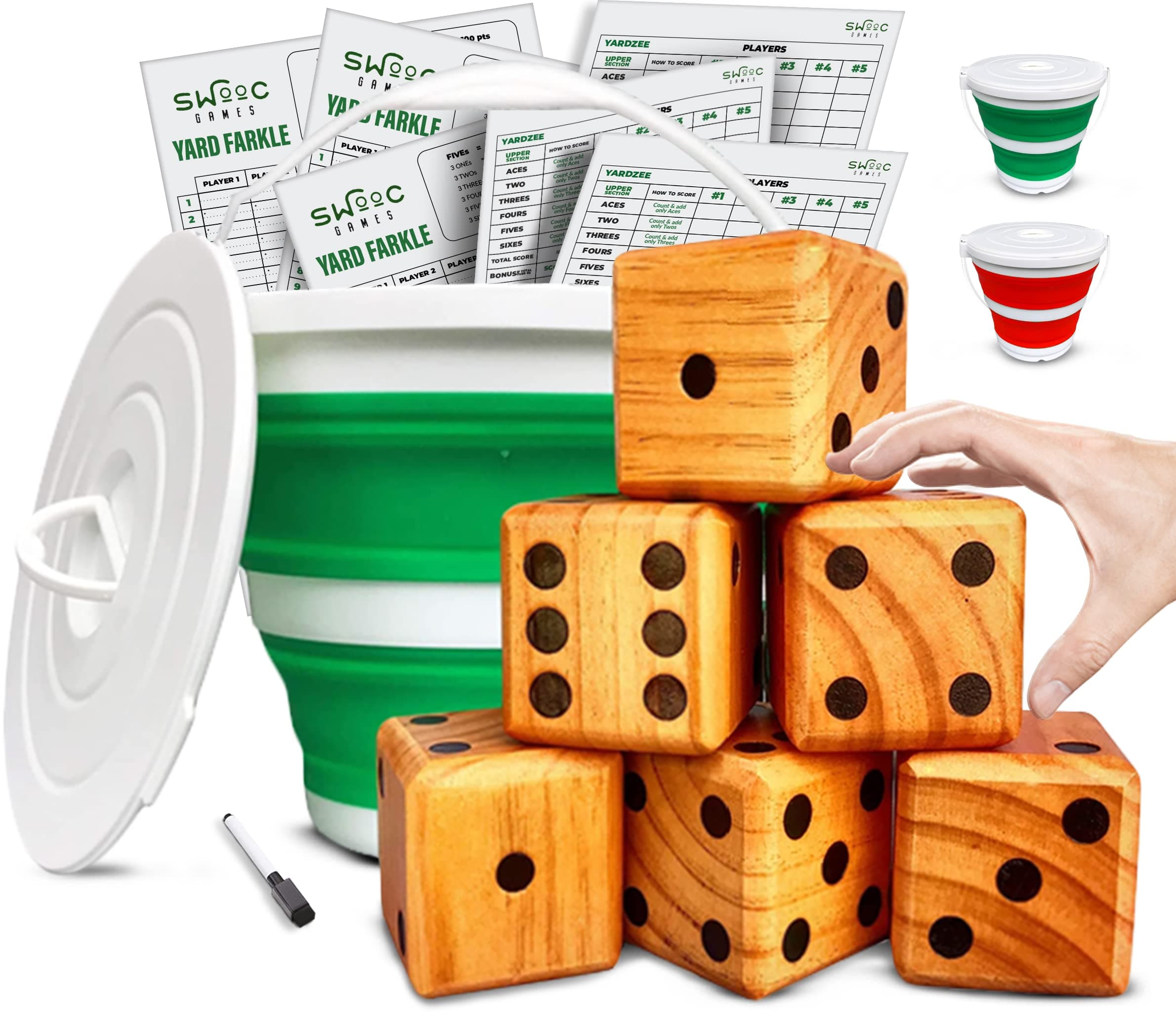 SWOOCGames - Yardzee, Farkle & 20+ Games - Light-Weight Yard Dice Game Set (All Weather) with Collapsible Bucket, 5 Big Laminated Score Cards, and Marker (Choose 2.5in or 3.5in Dice) Yard Games