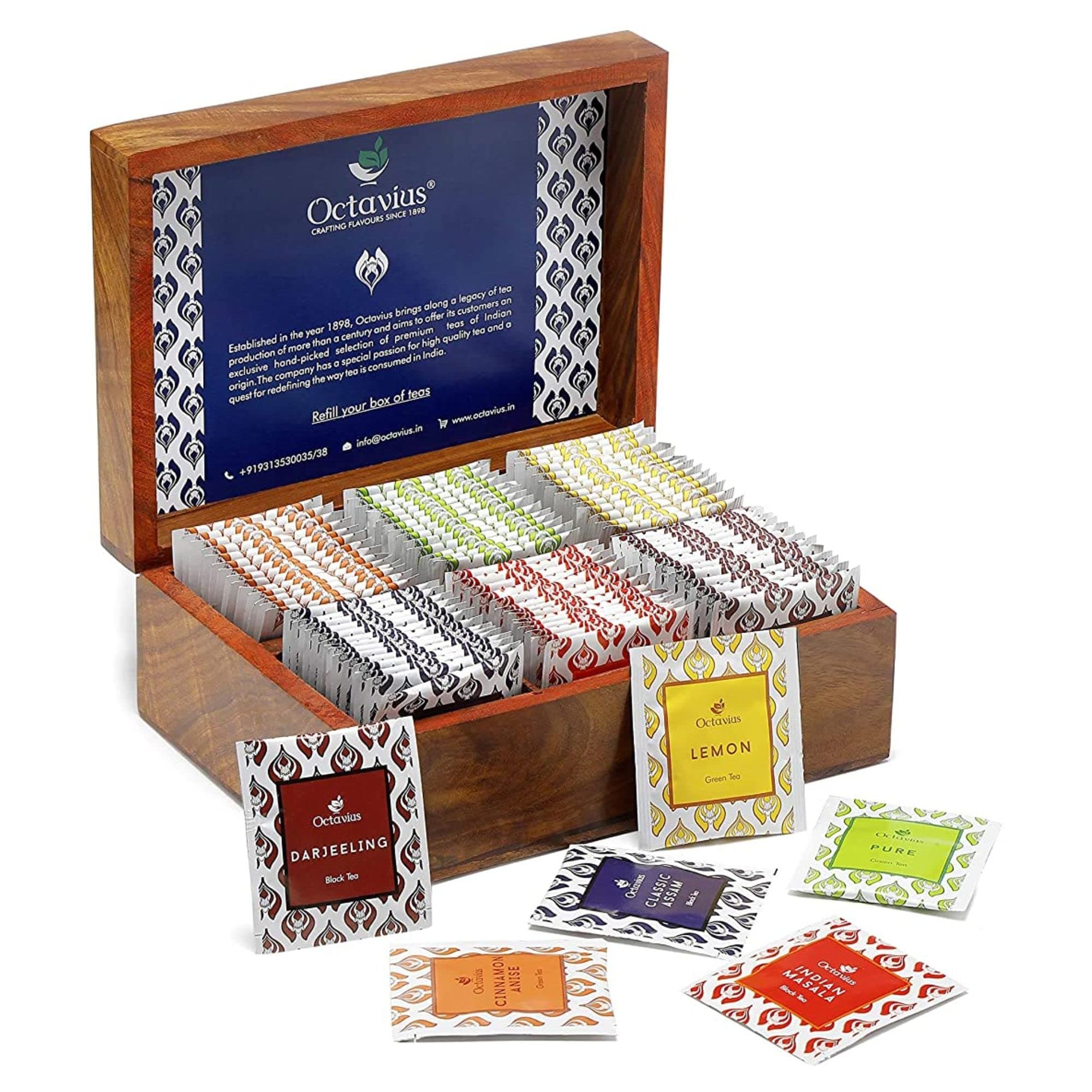 Octavius, Gift's Select - Assorted Tea in Wooden Box | 6 Flavors, 90 Tea Bags | Black & Green | Gifts for Women & Men | Variety Pack
