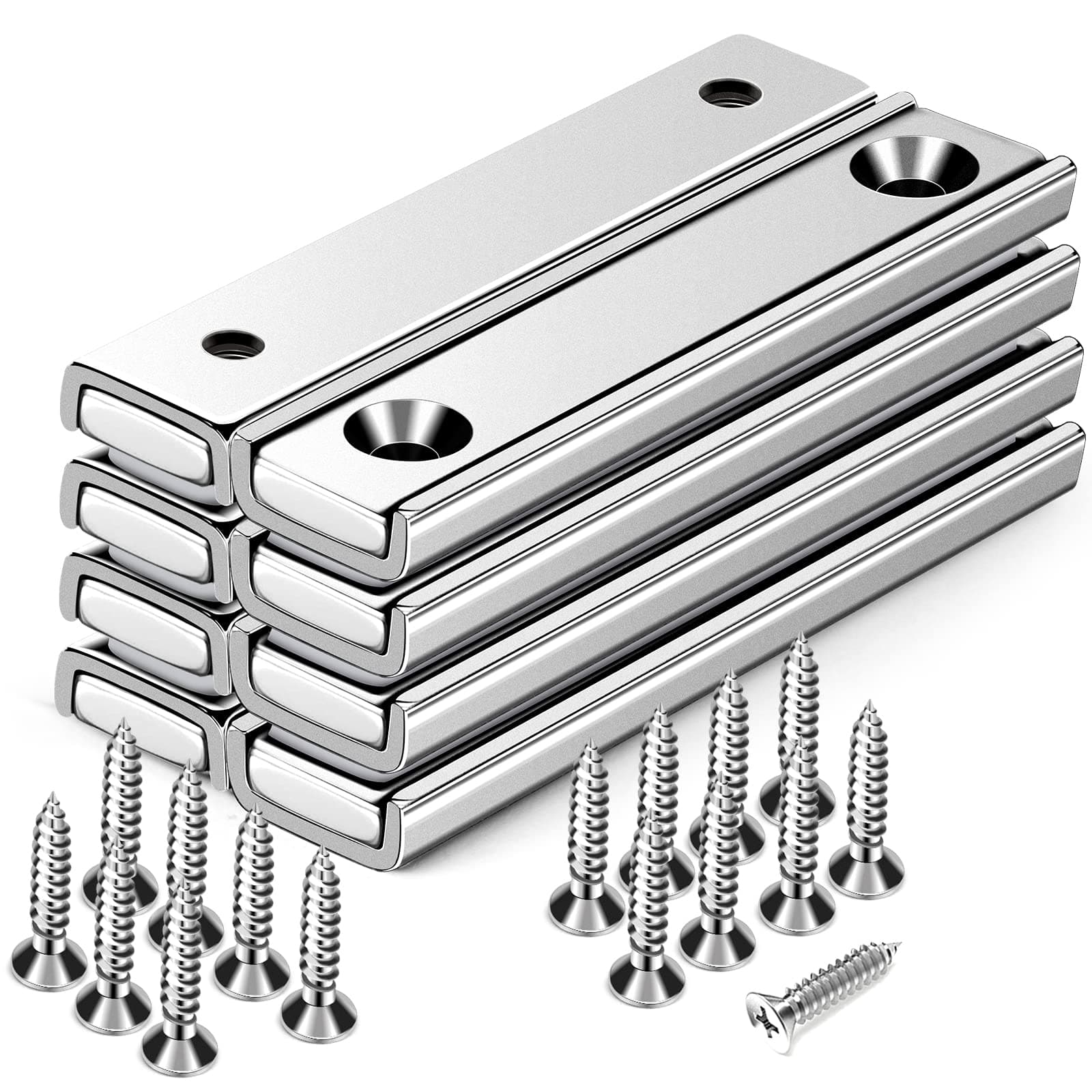 Strong Neodymium Rectangular Pot Magnets with Counter Bore, Countersunk Hole Magnets with Mounting Screws - 60x13.5x5mm, Pack of 8