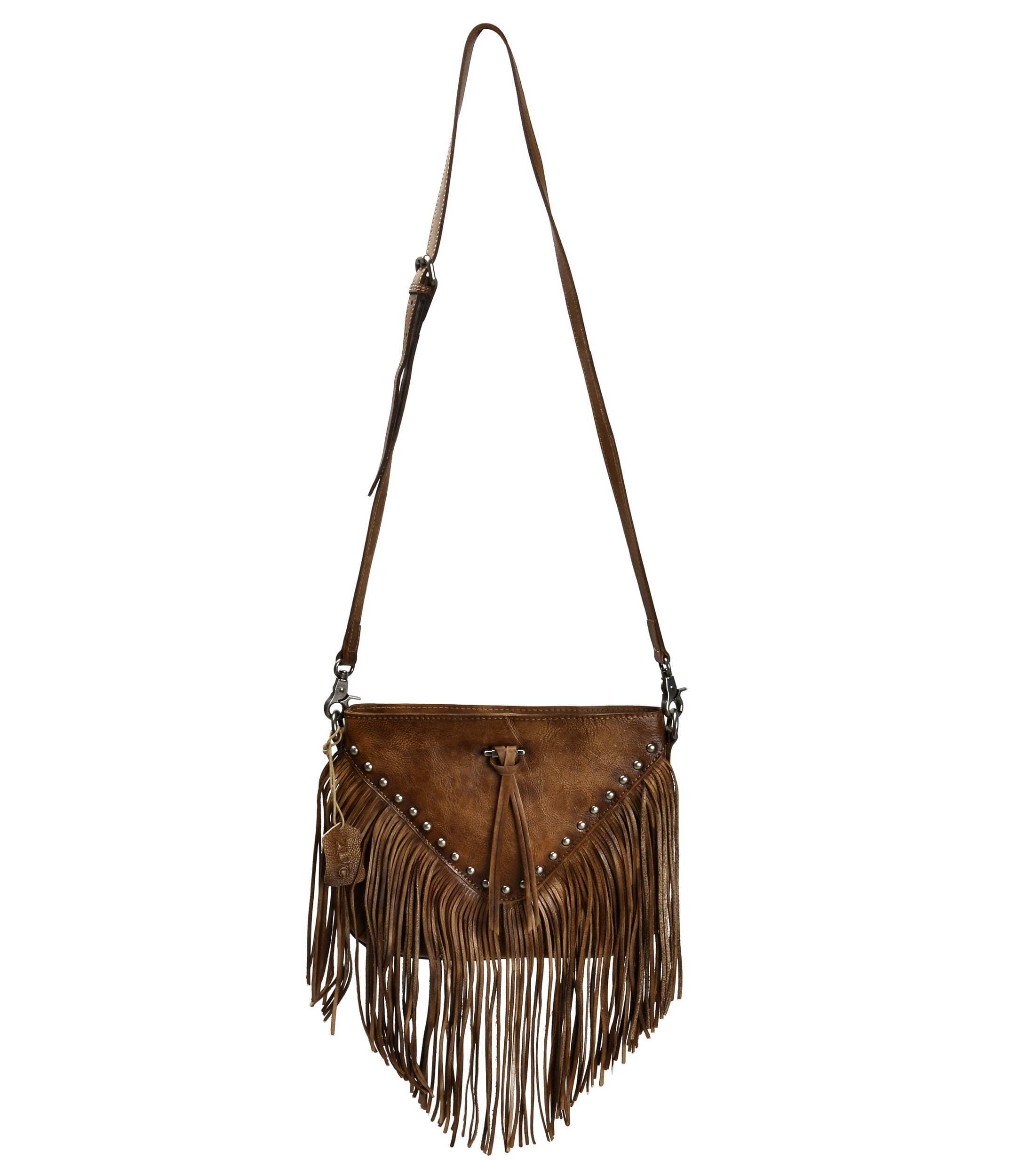 ZLYC Women Handmade Dip Dye Leather Fringe Bohemian Tassel Studed Cross Body Bag