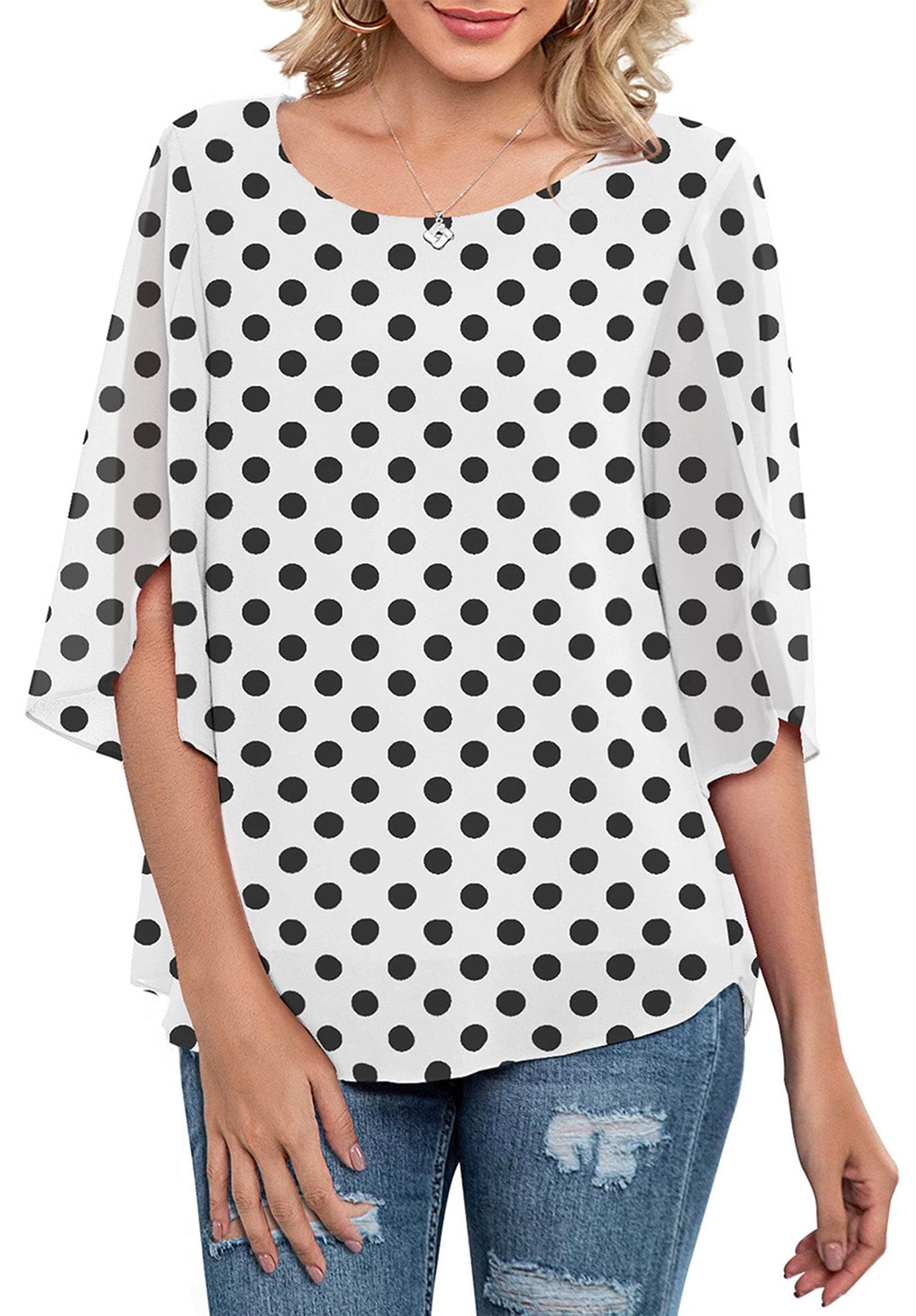 Womens Casual Scoop Neck Loose Top 3/4 Sleeve Chiffon Blouse Shirt Tops