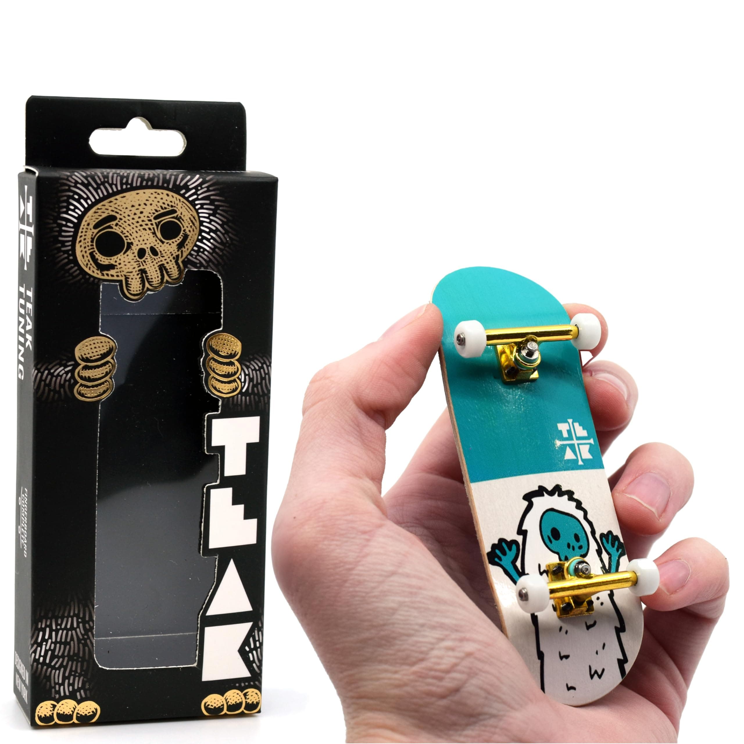Teak Tuning 32mm Pro Fingerboard Heat Transfer Graphic Complete - Fully Assembled with Pro Level Parts - Pro Shape Wood Deck (34x97mm), UltraSpin Wheels, Prodigy Track - Teal Yeti