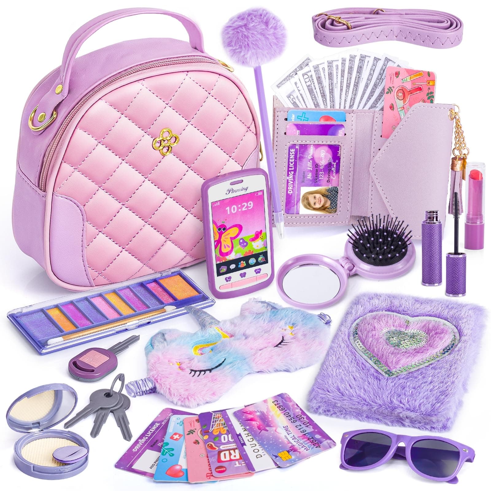 Girl Purse with Accessories, My First Purse Set - Pretend Makeup Handbag Diary Unicorn Eye Mask Wallet Toy Phone Credit Card Kids, Princess Pretend Play Birthday Gift Toy for Girl Age 3+