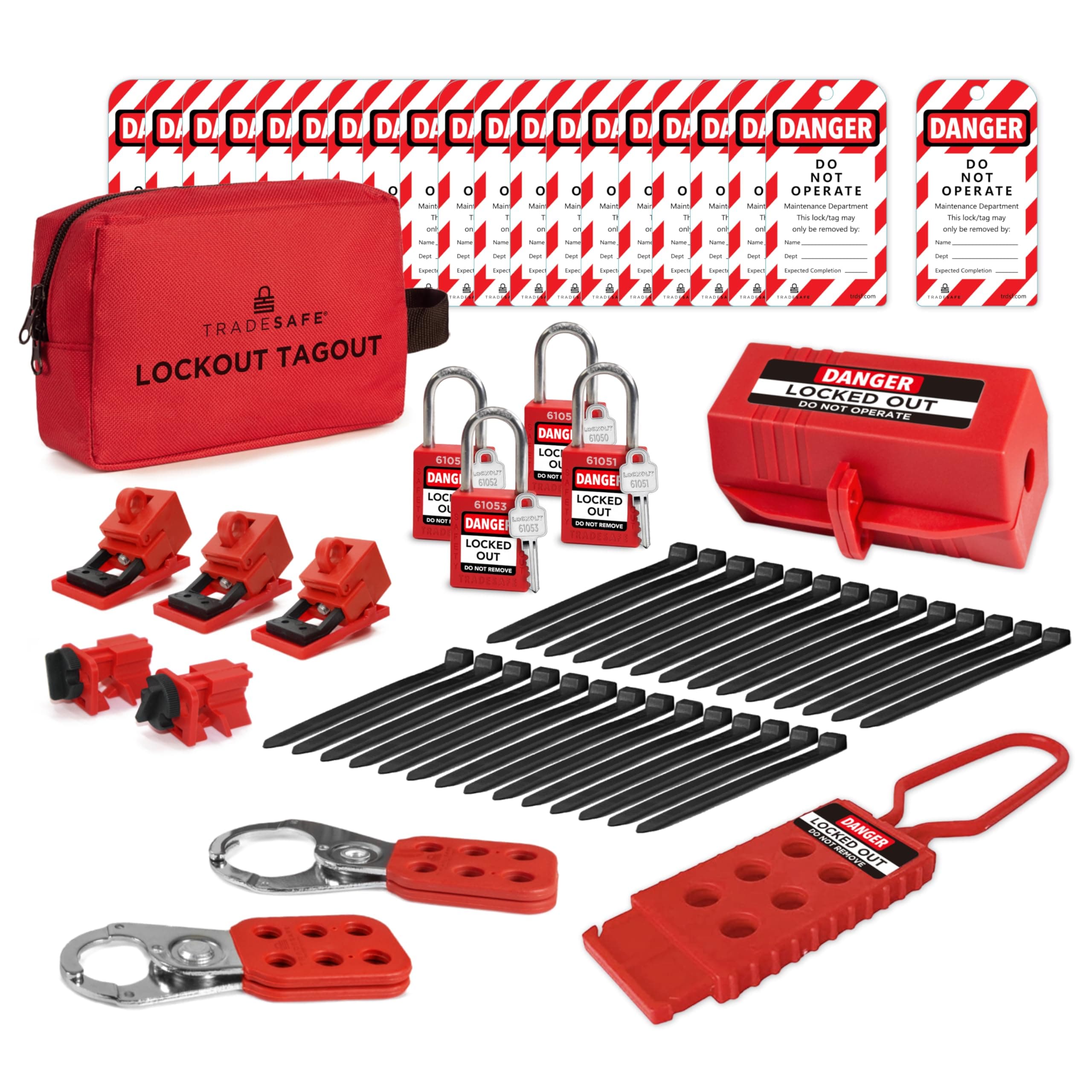 TRADESAFE Electrical Lockout Tagout Kit - Hasps, Clamp on and Universal Multipole Circuit Breaker Lockouts, Loto Tags, Plug Lockout, Loto Locks Set (1 Key Per Lock) for Safe Electrical Lockouts