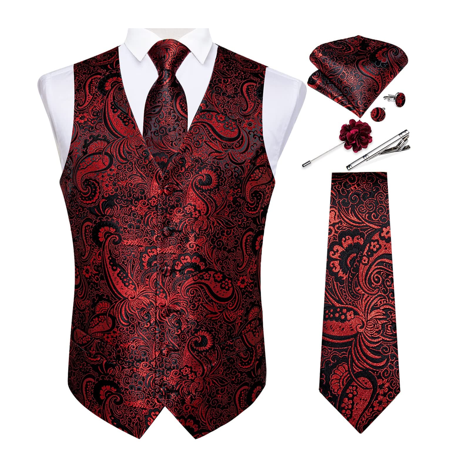 Mens Vest and Tie Set Formal Paisley Waistcoat and Necktie Pocket Square Cufflinks Silk Suit Vest for Tuxedo Wedding