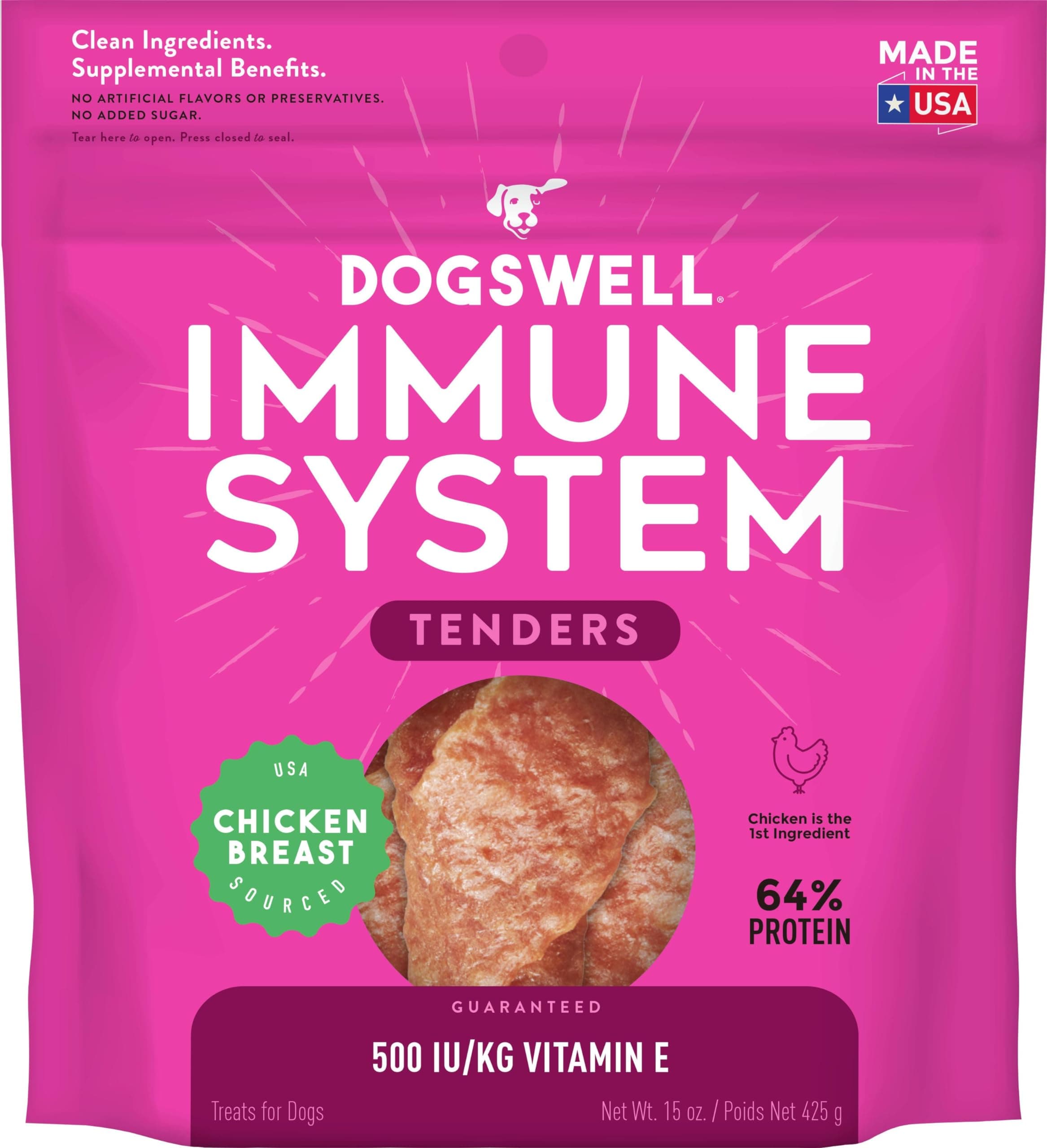 DOGSWELL Immunity & Defense, Flaxseed Oil, Turmeric, Vitamin E & A, Healthy Aging, Chicken Tenders, 15 oz. Bag