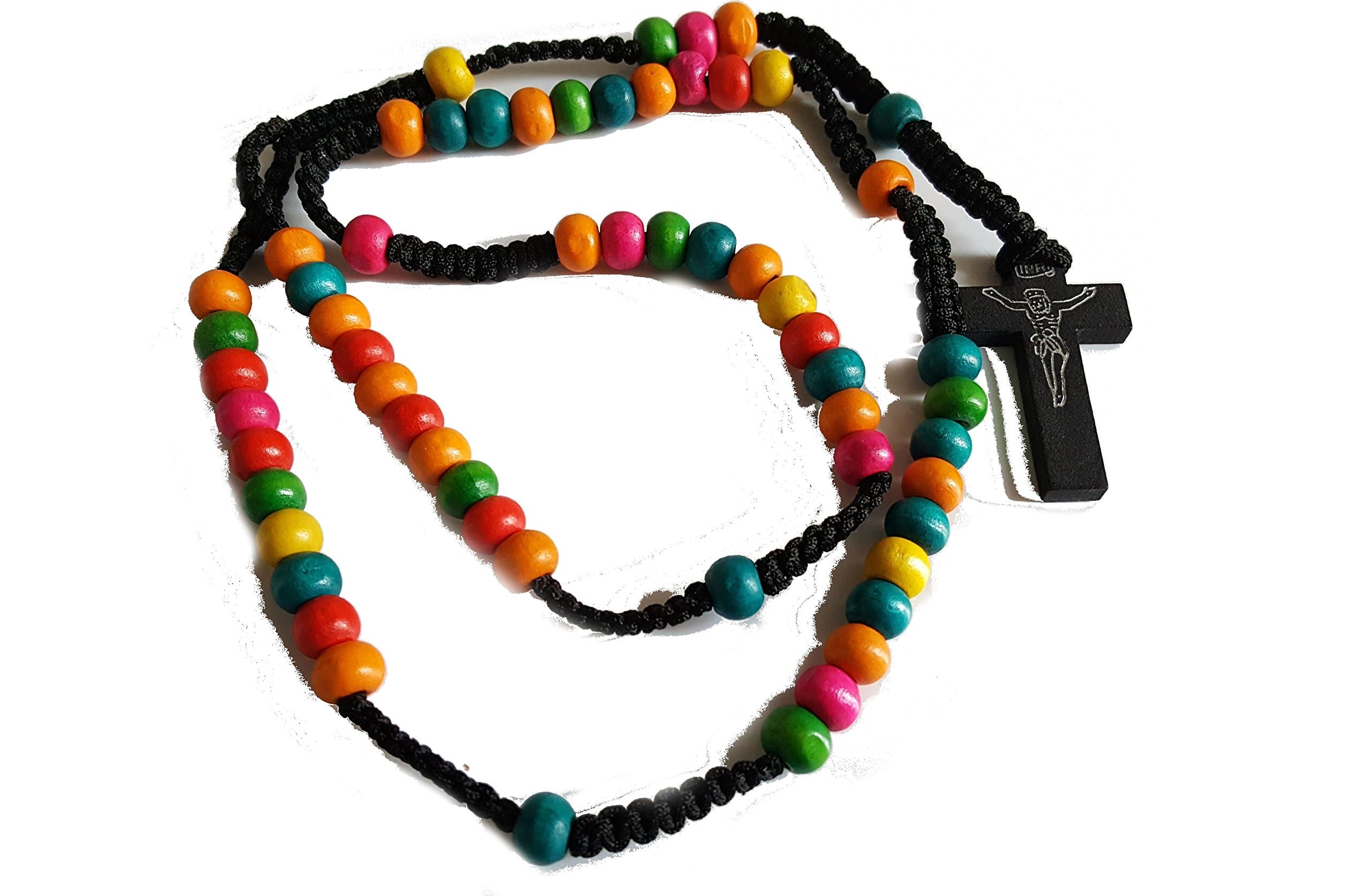Saint Benedict Rosario de Madera Jerusalem Vintage Wooden Rosary Beautiful! Colourful Beads Cross Necklace Pendant Crucifix Chain Rosario Rosery Chaplet Holy Prayer Pray Anglican Men Women