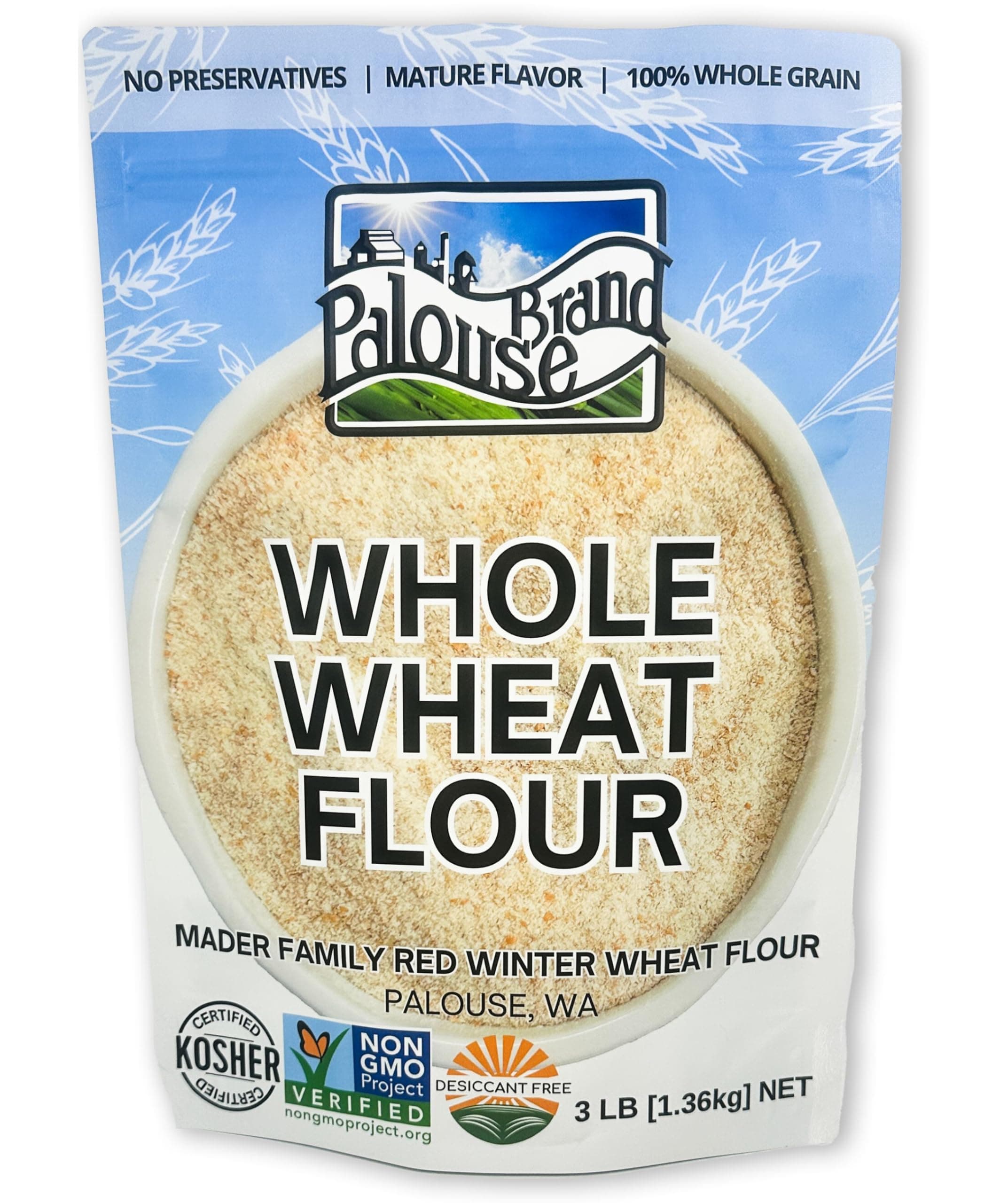 Palouse Brand Certified Glyphosate Residue Free Whole Wheat Flour | 3 LBS | Non-GMO | Unbleached | Stone Ground | Certified Kosher Parve | USA Grown | Field Traced | Resealable Bag