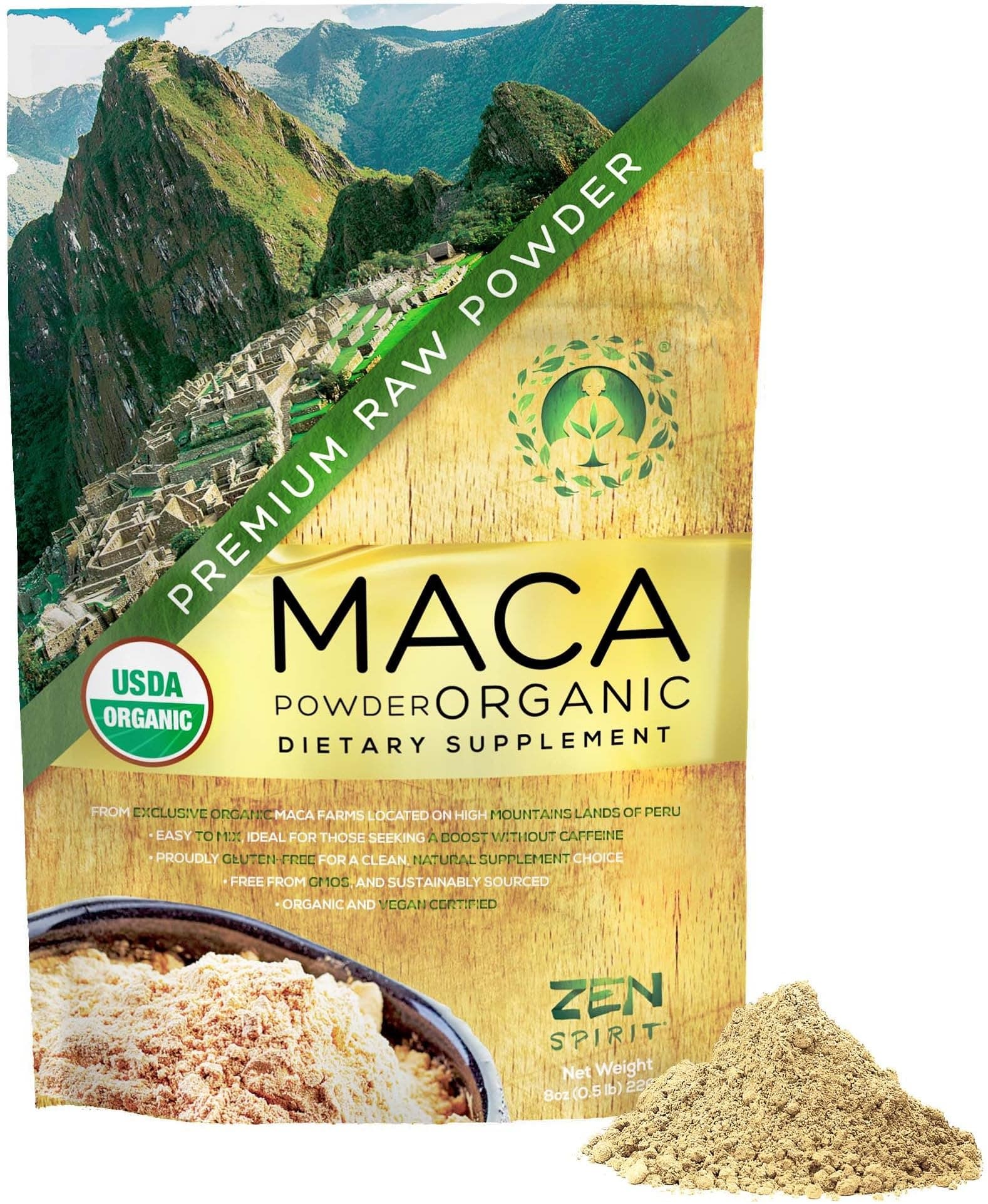 Zen Spirit Maca Powder Organic - Peruvian Premium Grade Superfood (Raw) - USDA & Vegan Certified - 226.7g (240ml) - Perfect for Breakfast, Smoothies, Baking & Ice Cream.