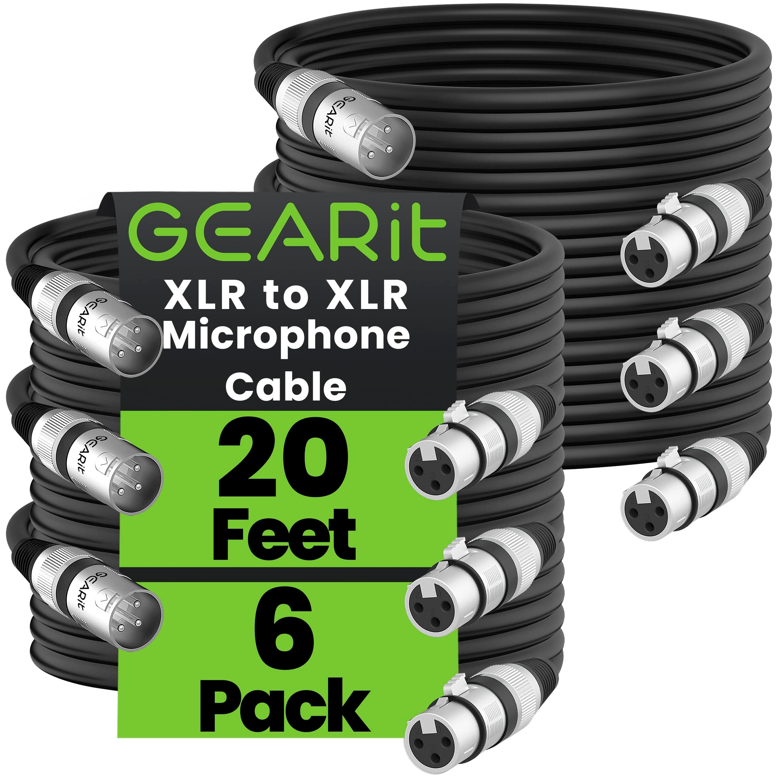 GEARit XLR Cables, Male to Female Microphone Cable 3-Pin Balanced Shielded Mixer XLR to XLR Cable for Recording Studio, Podcast, 20ft 6pack