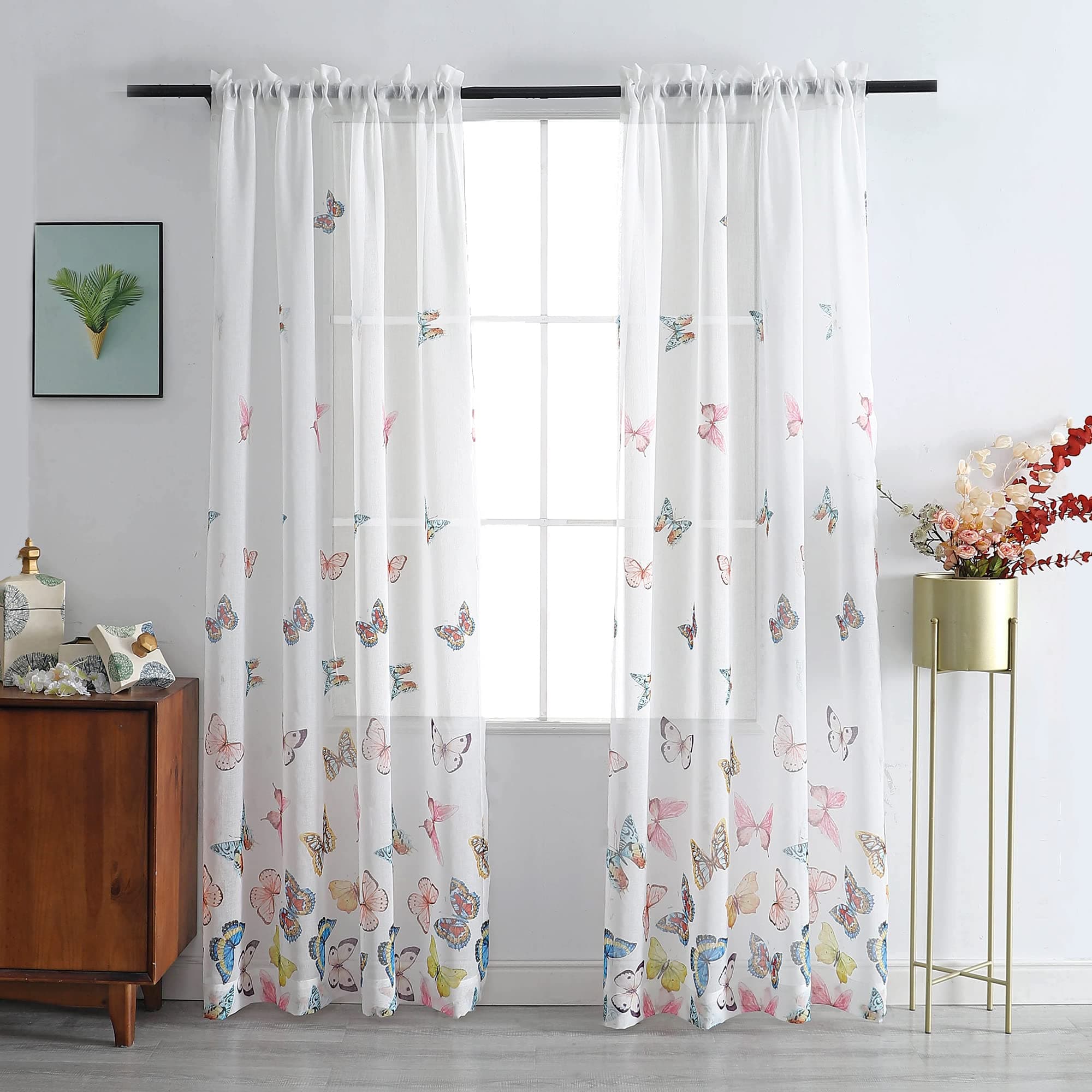 Sheer Curtains 84 Inches Long 2 Panels Set, Modern Colorful Butterflies Digital Print, Rod Pocket White Voile Tulle Semi Window Treatment Pair for Bedroom, W54 x L84