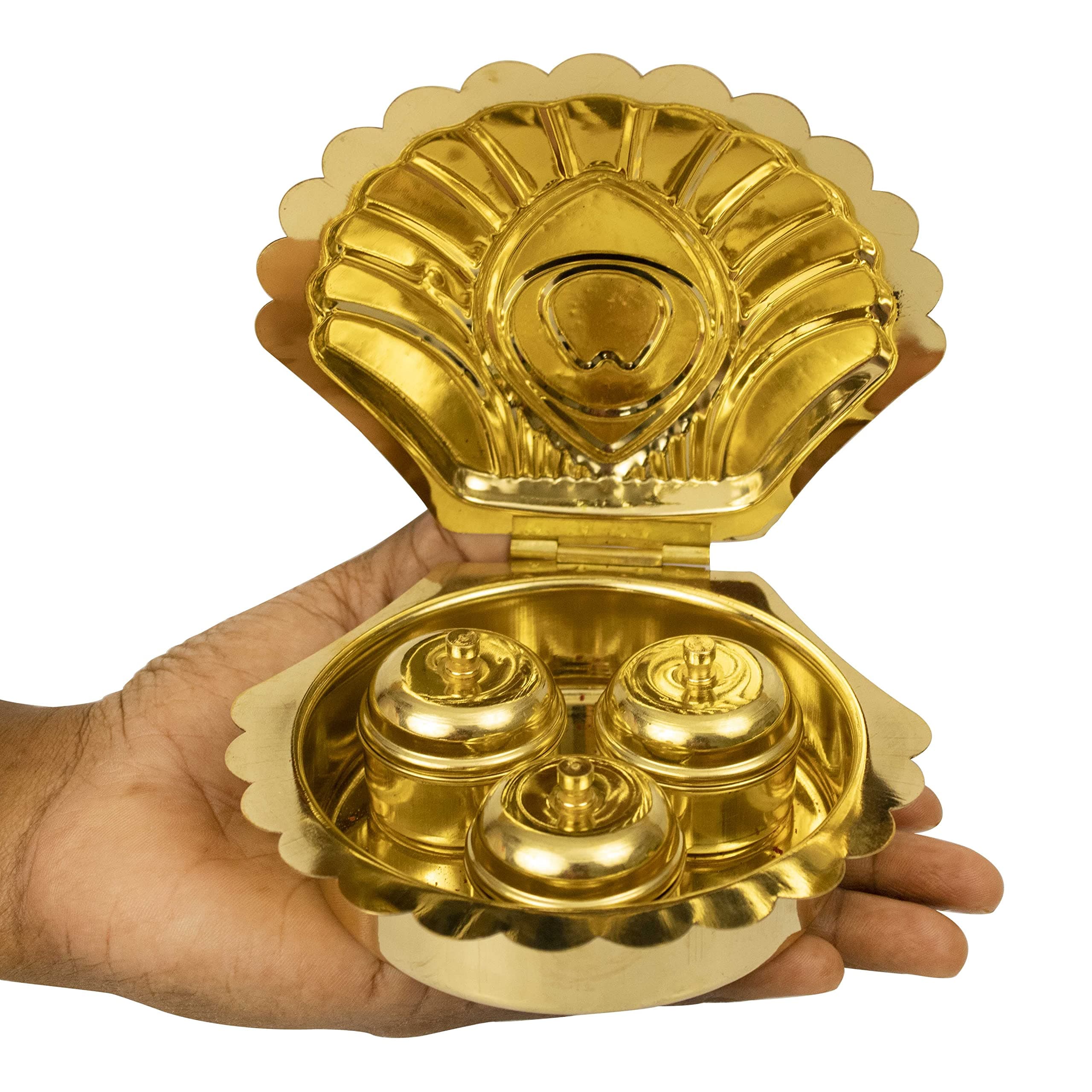 Traditional Handcrafted Brass Holder Stand Plate with Lid Bowl for Pooja | Puja Worship - 3 Bowl Peacock Shell