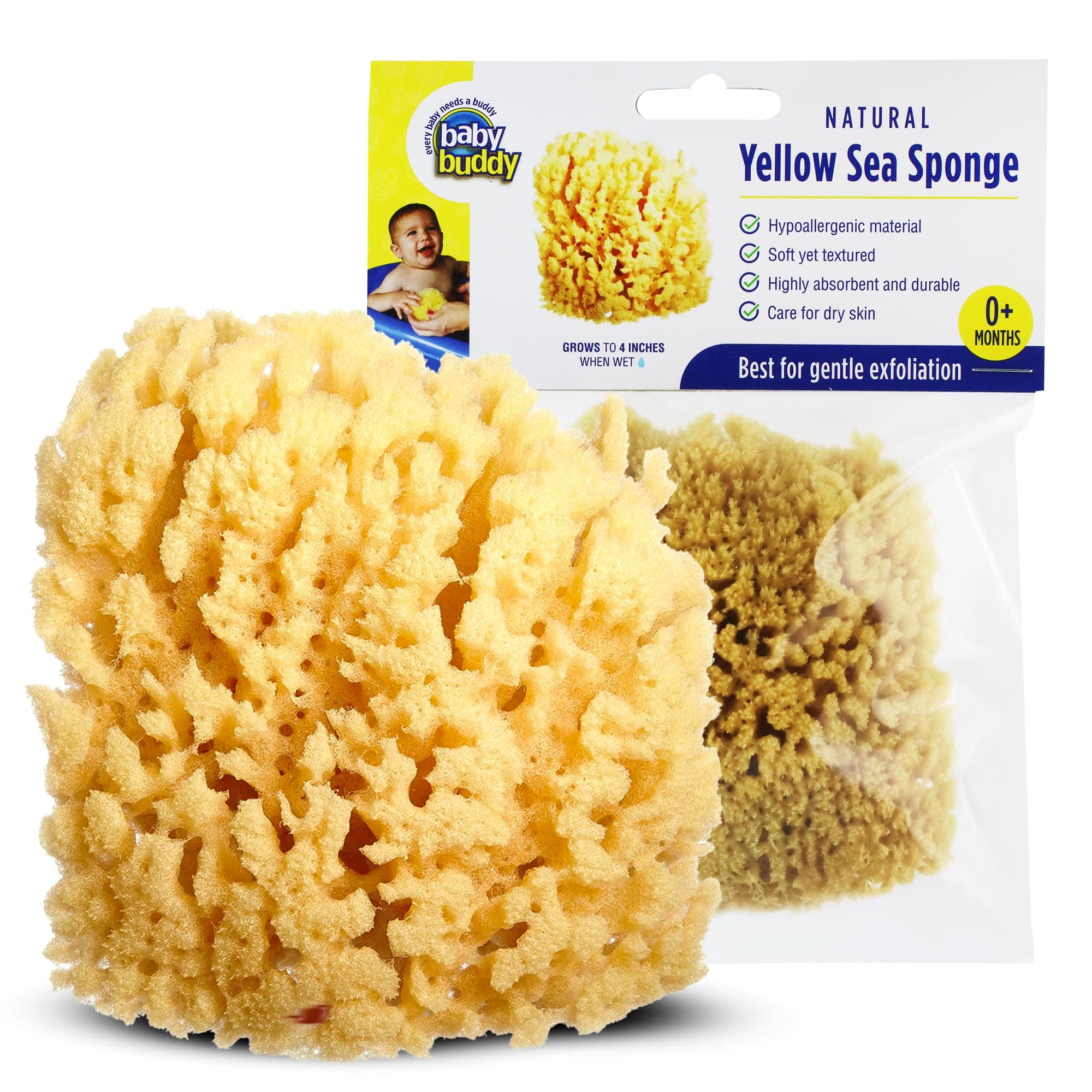 Baby Buddy Baby Bath 4” Yellow Sea Sponge, Absorbent Natural Sea Sponge, Soft on Tender Skin, Biodegradable, Hypoallergenic, Bath Accessories for Baby, Natural Sea Sponges for Bathing, 1 Pack