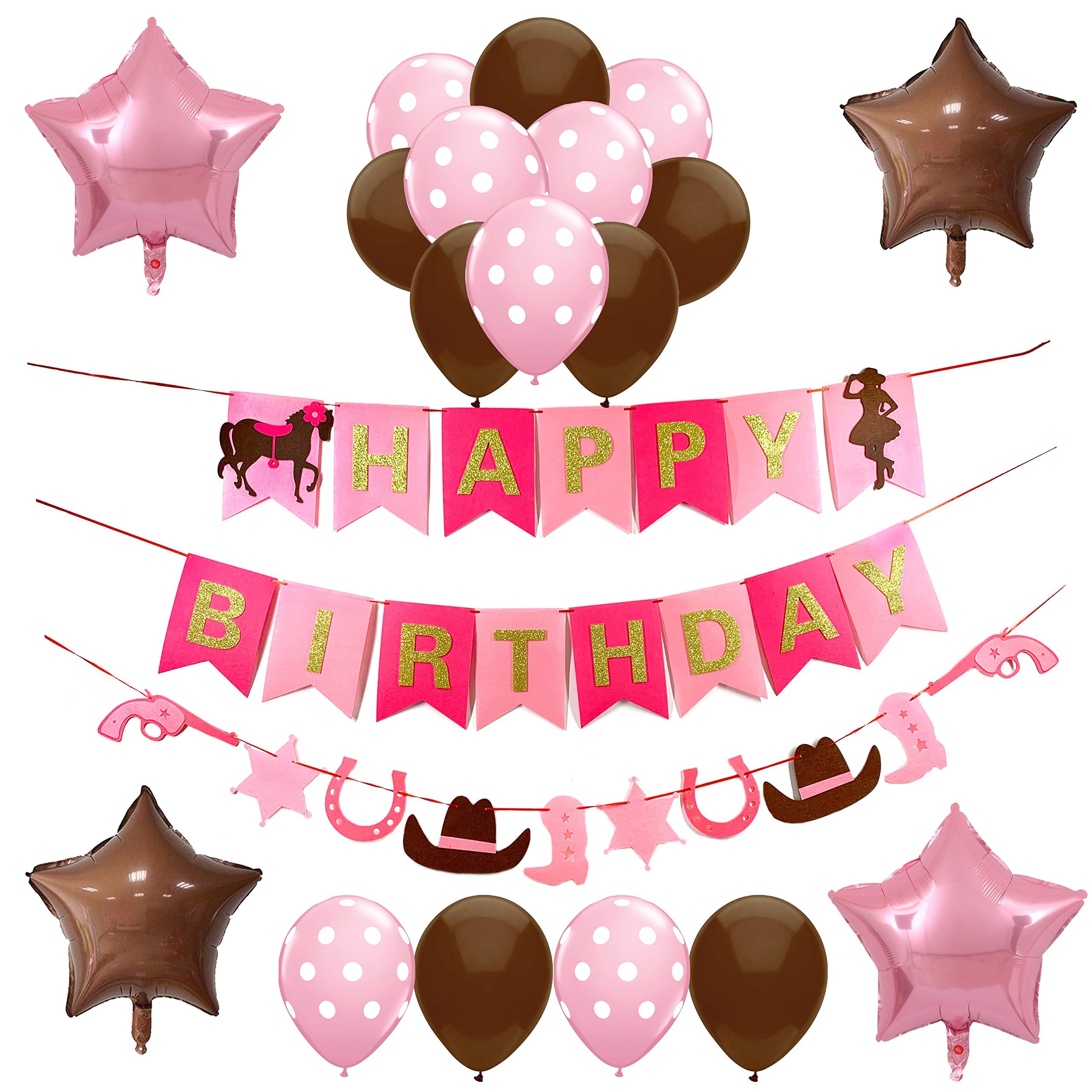 Western Cowgirl Themed Party Decorations Packs for Girls,Happy Birthday Banner,Horseshoe Boot Guns Garland,Star Shaped Mylar Balloons,Latex Balloons,Rodeo Party Supplies for Kids First 2nd Birthday