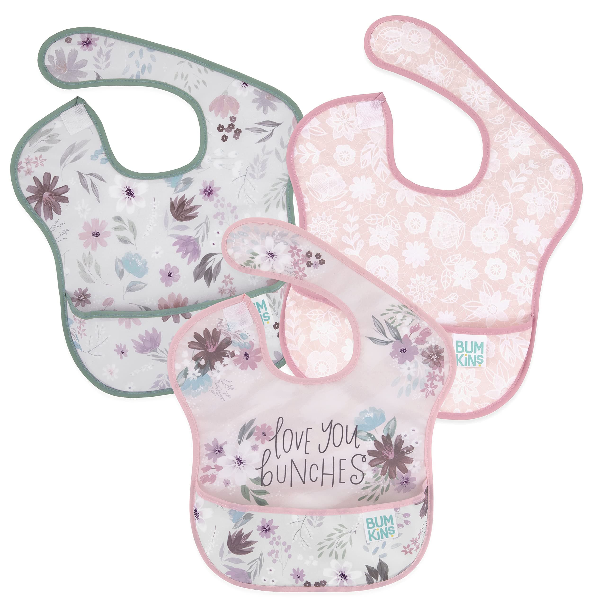Bumkins SuperBib, Baby Bib, Waterproof, Washable Fabric, Fits Babies and Toddlers 6-24 Months - Love You Bunches (3-Pack)