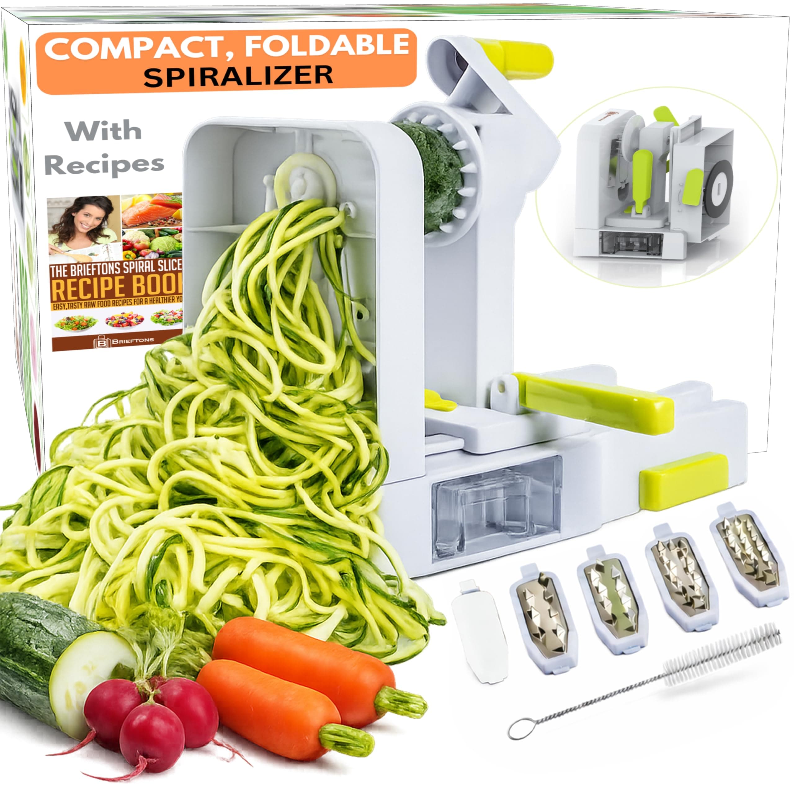 Brieftons QuickFold 5-Blade Spiralizer: 2018 Model, Versatile & Compact Foldable Vegetable Spiral Slicer, Best Veggie Pasta Spaghetti Maker for Low Carb/Paleo/Gluten-Free with Brush & 3 Recipe Ebooks