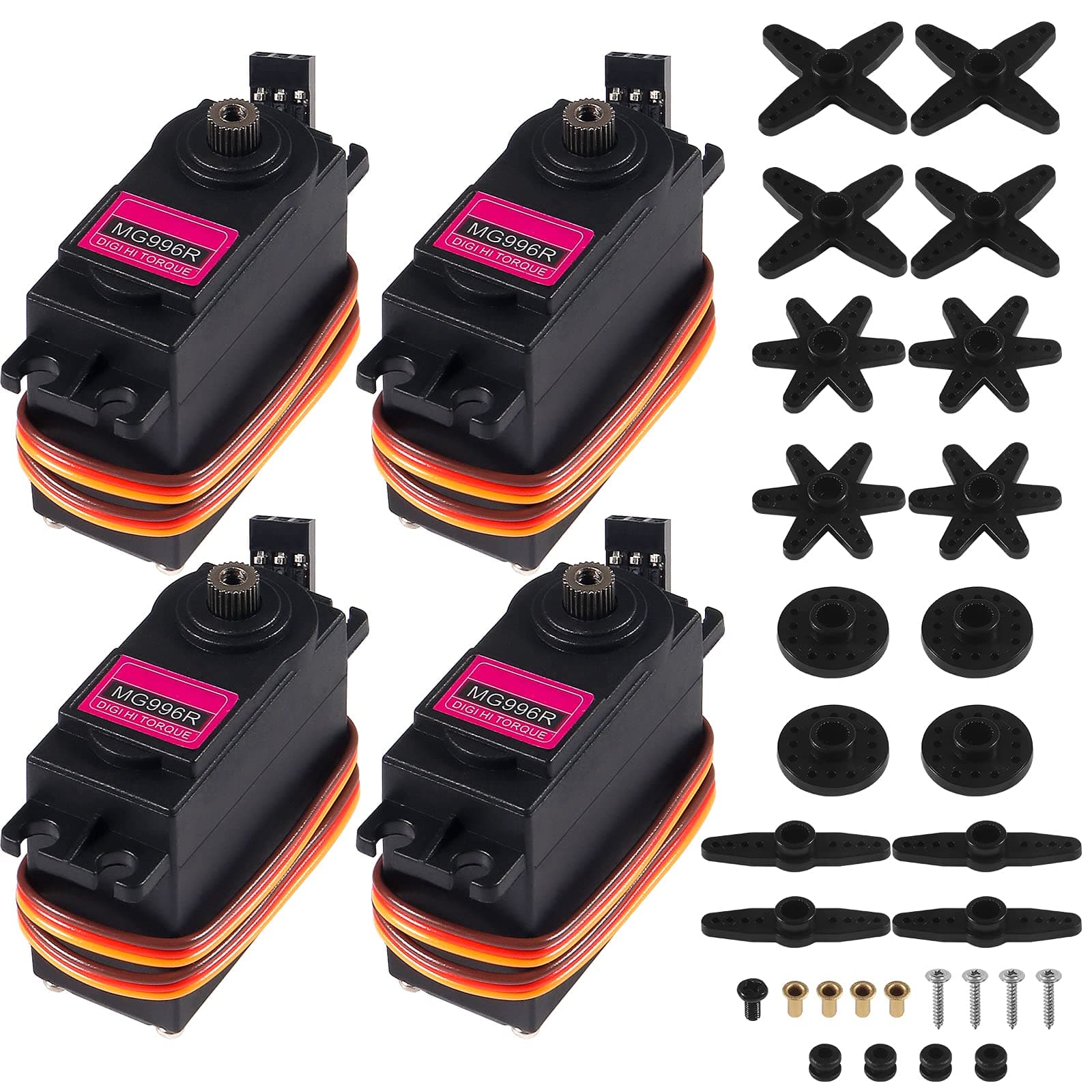 4 Pack MG996R Metal Gear Torque Digital Servo with Arm Horn, MG996 Robot Servo Motor for FUTABA Hitec Sanwa GWS JR RC Helicopter Car Boat Robot