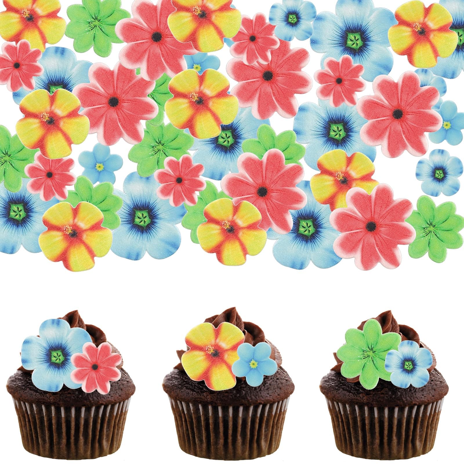 Morofme 35pcs Edible Flower Cupcake Topper Hawaii Flower Cake Toppers Wafer Paper Flower Cake Decorations Edible Tropics Flower for Birthday Spring Baby Shower Party Supplies Food Decorations