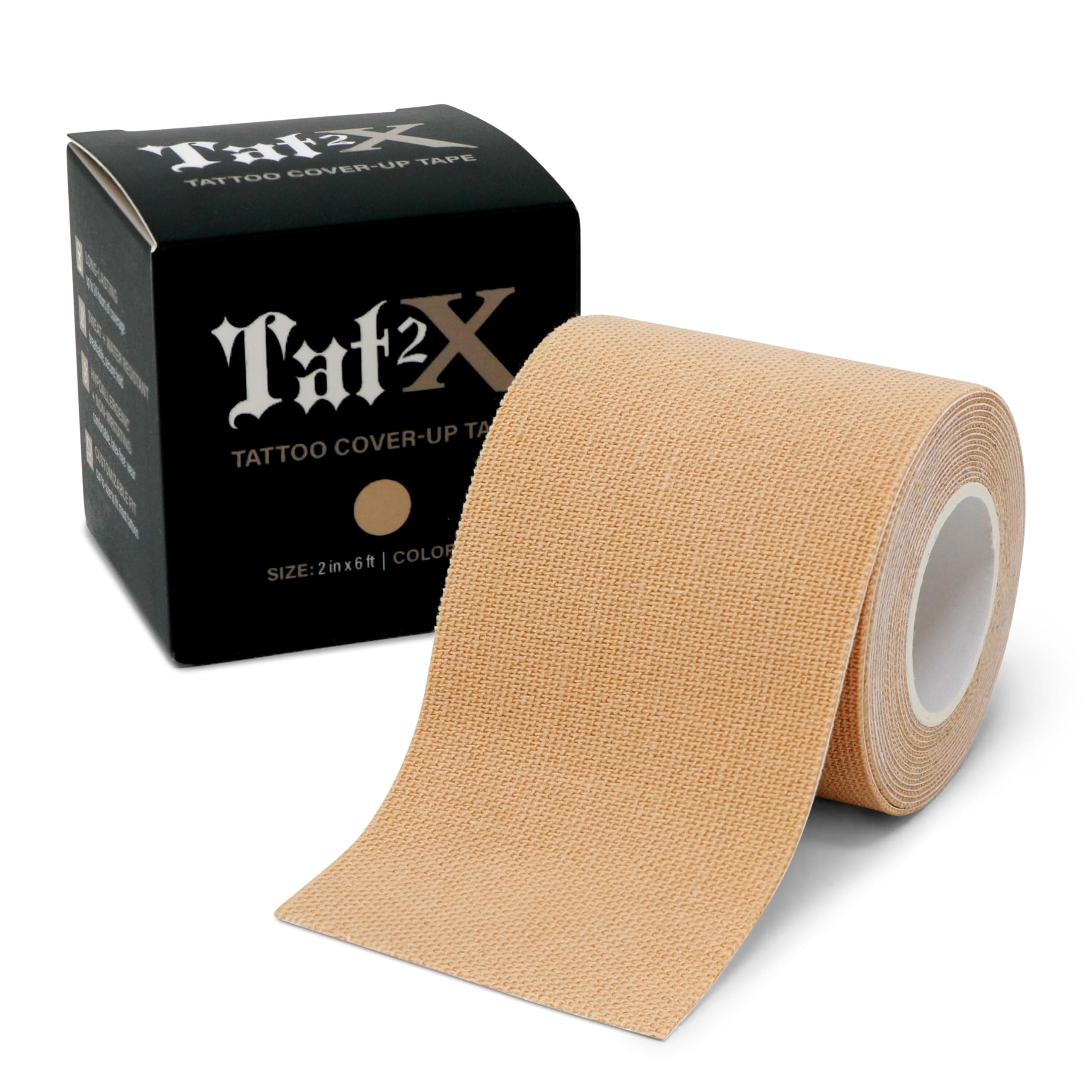 Tat2X Tattoo Cover Up Tape – New Long Lasting Adhesive – Sweat-Resistant, Water-Resistant, Hypoallergenic, Breathable, Latex-Free – Easy Apply To Neck, Fingers, Hands – Light – 6ft x 2in Roll