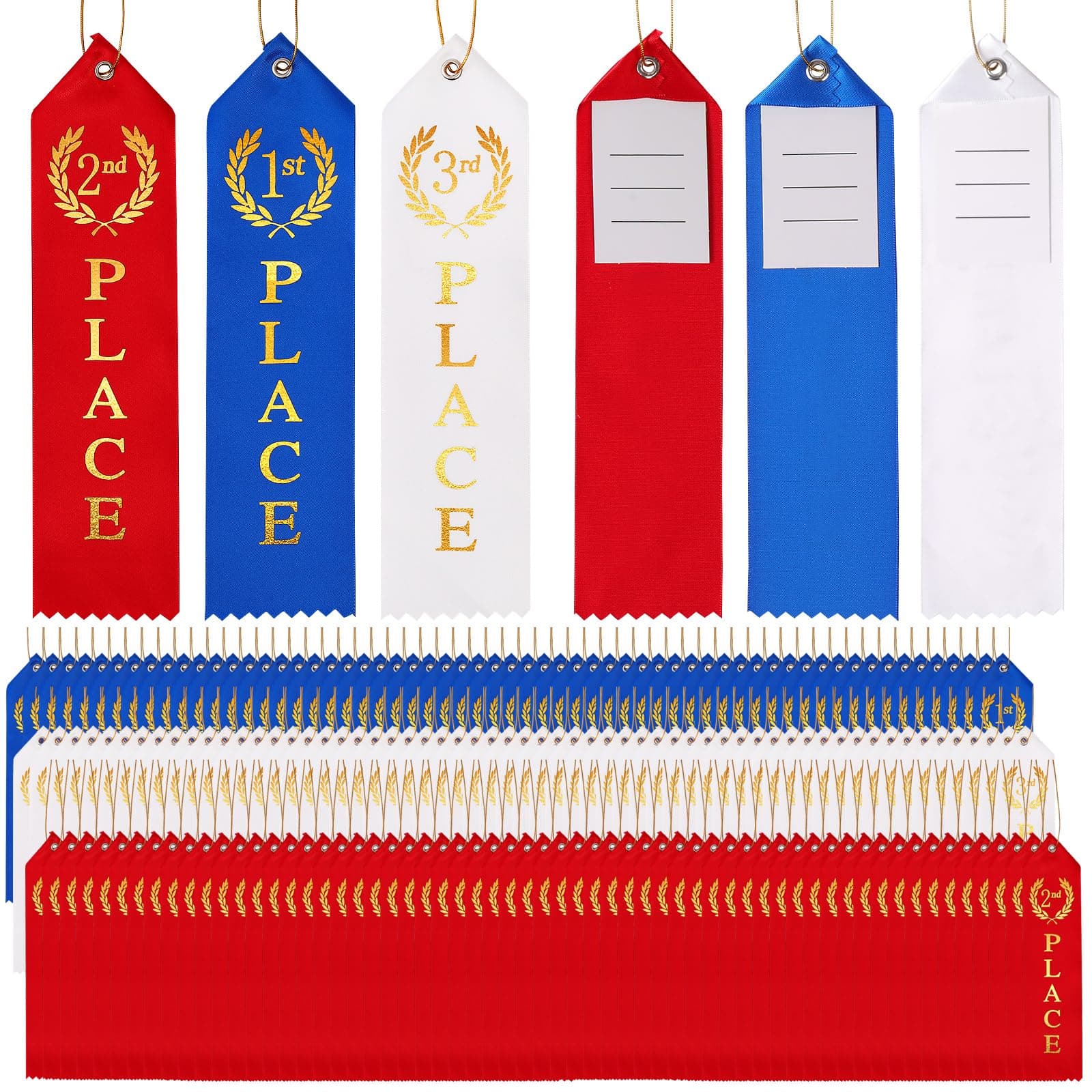 300PCS Award Ribbons, Medal Ribbons for 1st, 2nd, 3rd Place, Event Card & Rope Included,Perfect for Competitions, Sports Events, School Challenges, Vibrant Blue, Red, and White
