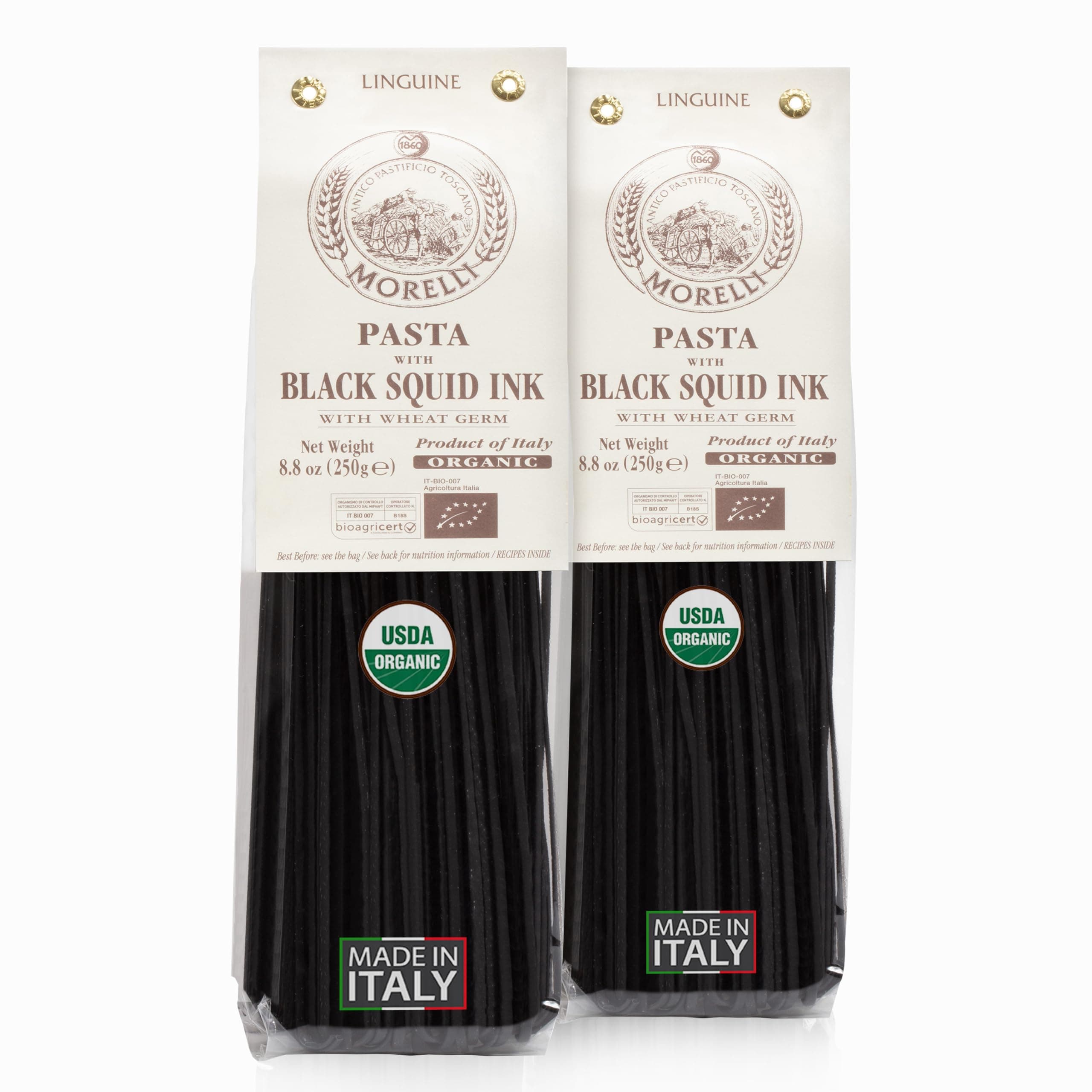 Morelli Squid Ink Pasta Linguine - Organic Black Pasta Noodles, Durum Wheat Semolina, Italian Nero Di Seppia Made in Italy - 8.8 oz / 250 g (Pack of 2)