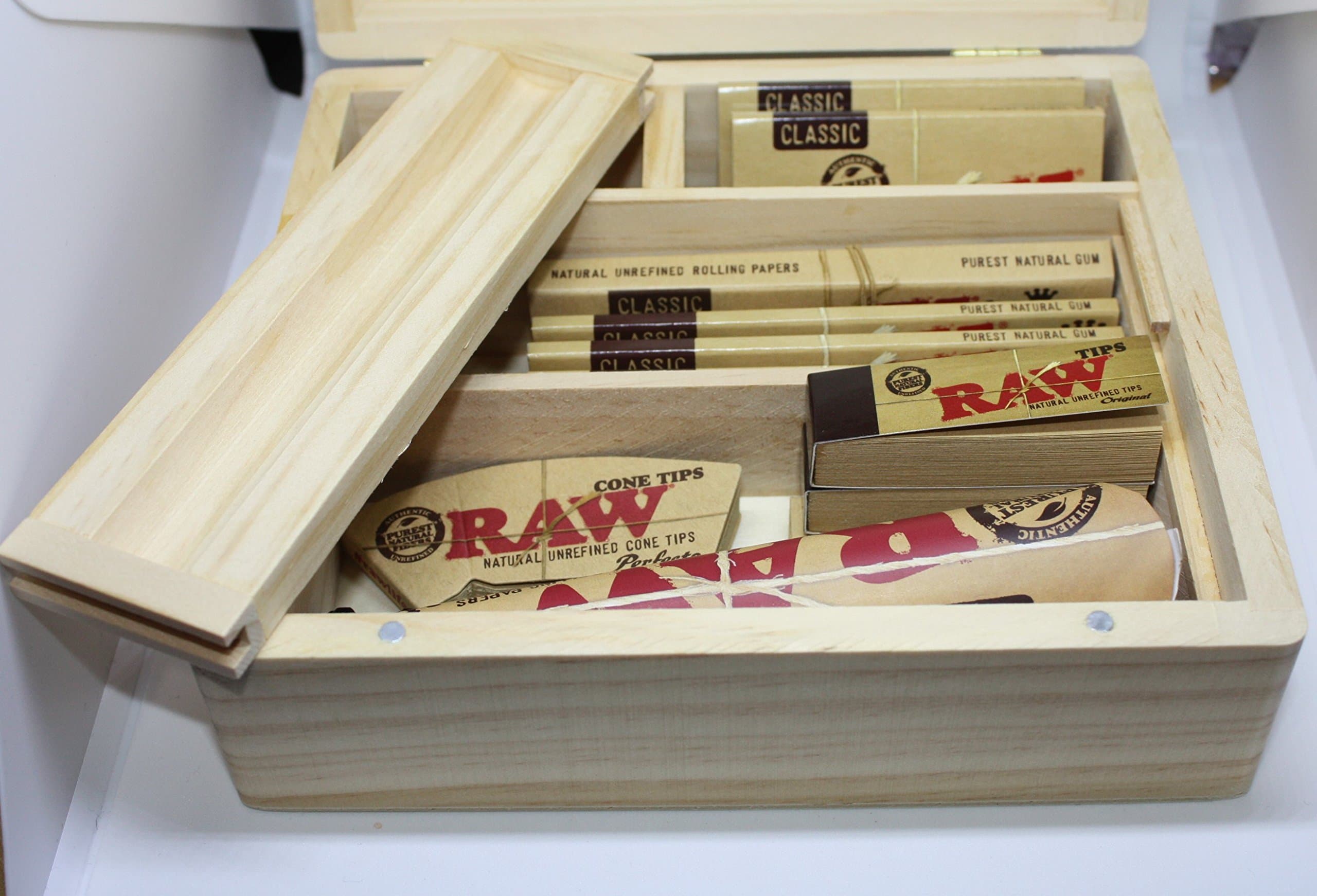 SMOKERS WOODEN ROLLING BOX RAW GIFT SET FILTERS KINGSIZE PAPERS CONE +More