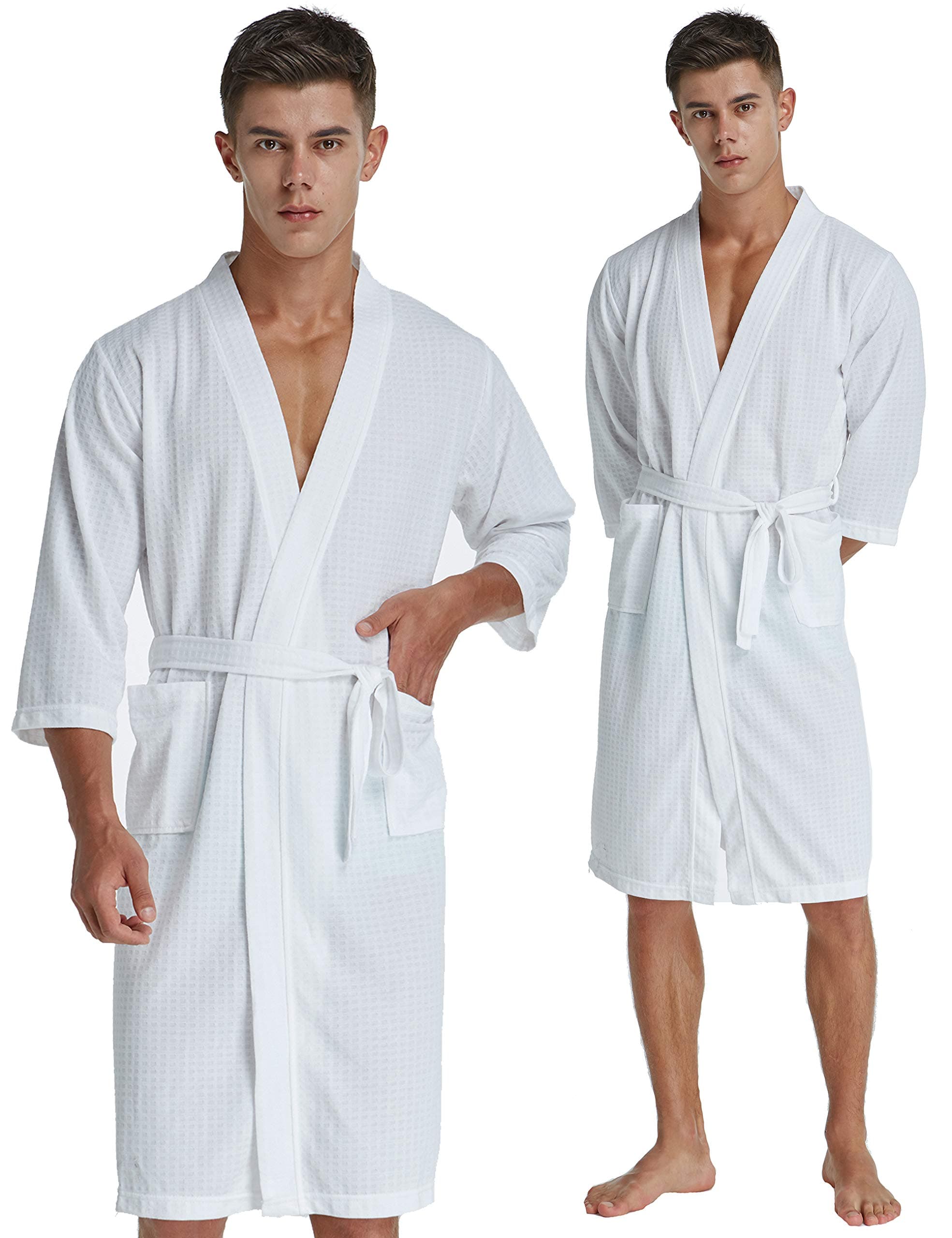 ROSESIMON Soft Waffle Robes for Men, Kimono Hotel Spa Robe - 3/4 Sleeve Knee-Length Bathrobe (White, Large/X-Large)
