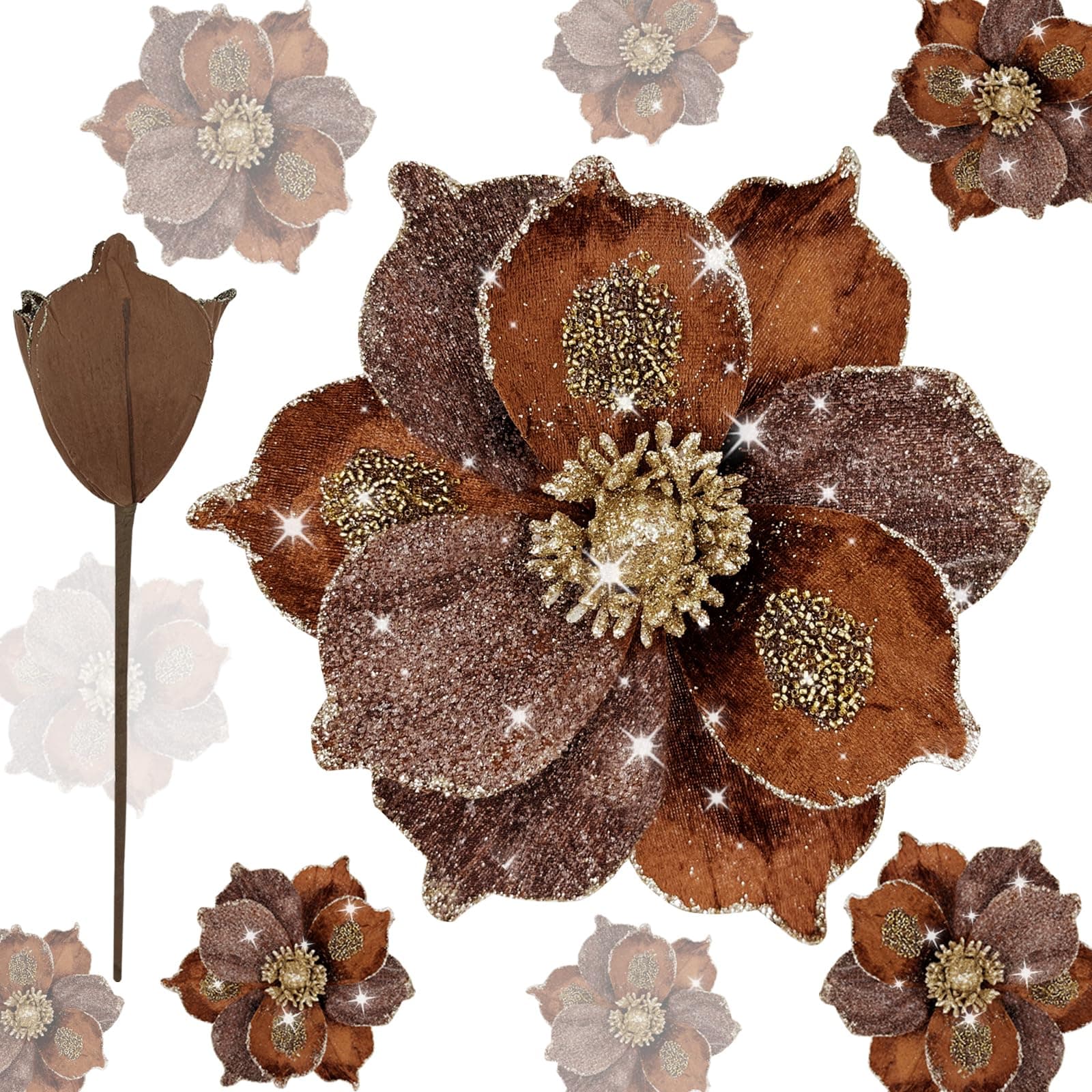 9in Christmas Flowers Large Glitter Magnolia Flowers Velvet Christmas Decorations Brown Christmas Tree Ornaments Set of 6 Giant Artificial Flowers with Stems for Xmas Tree Holiday