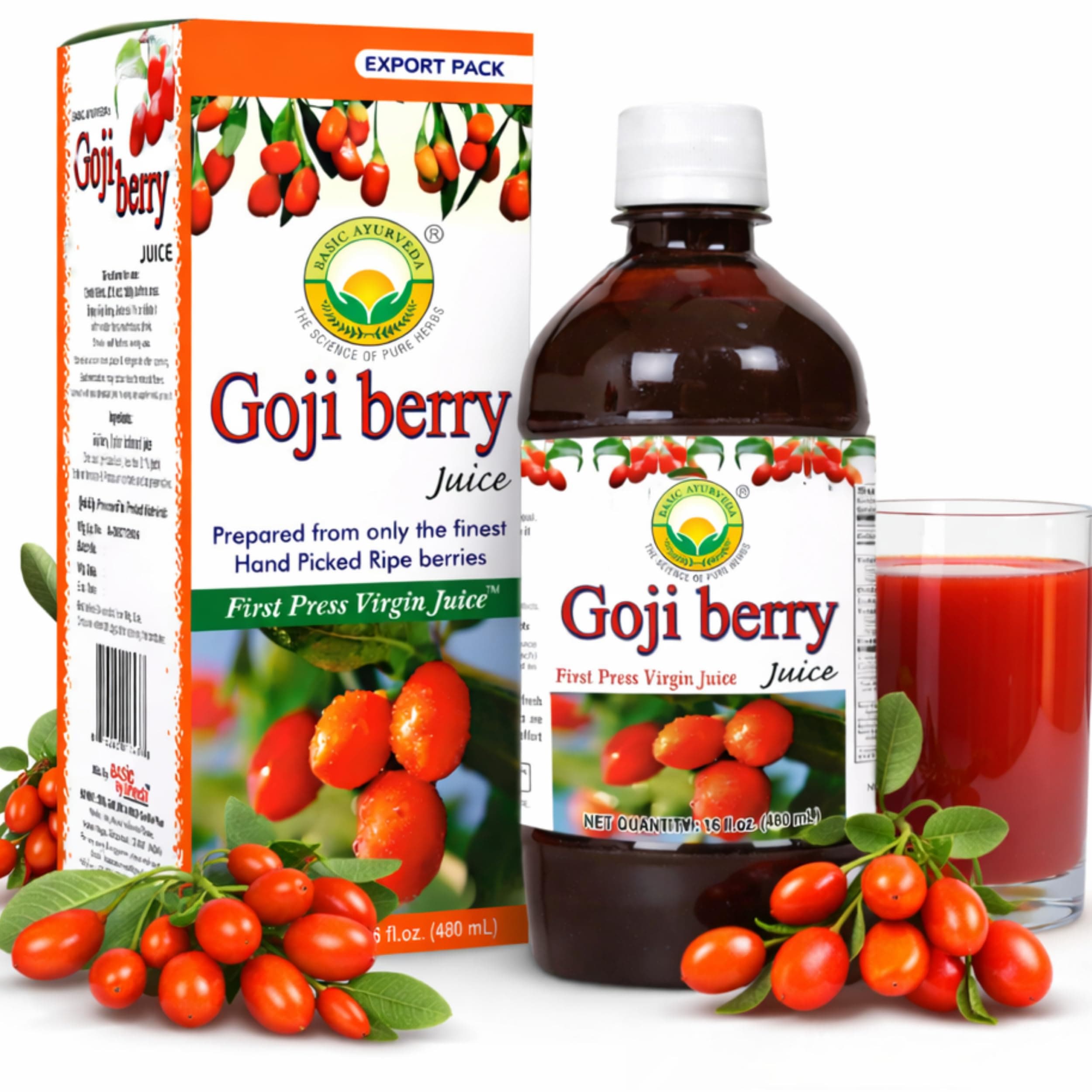 Basic Ayurveda Goji Berry Juice | 16.23 Fl Oz (480ml) | Organic Wolfberry Fruit Juice | Natural Source of Vitamin A & C | For Healthy Eye & Immune System