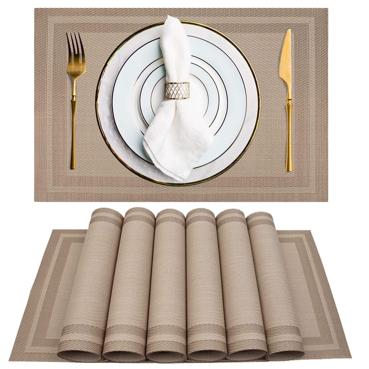 Cross-weave Woven Vinyl Non-Slip Washable Insulation Placemat (Champagne,45x30cm) - Set of 8