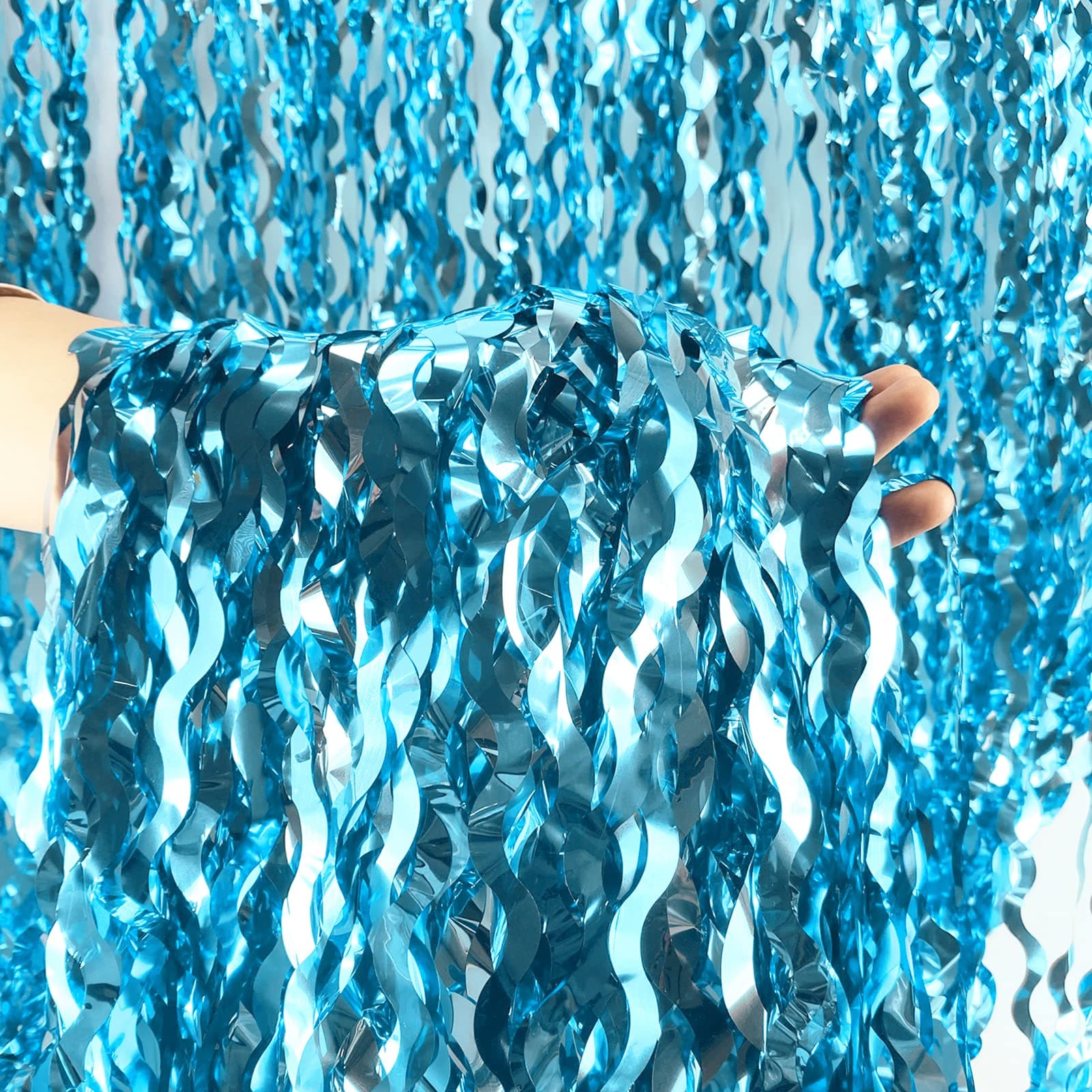 Wavy Tinsel Foil Fringe Curtains Teal Blue Streamers Backdrop for Ocean Themed Party Blue Birthday Under The Sea Party Decorations(2 Pack,3.2 ft x 6.6 ft)