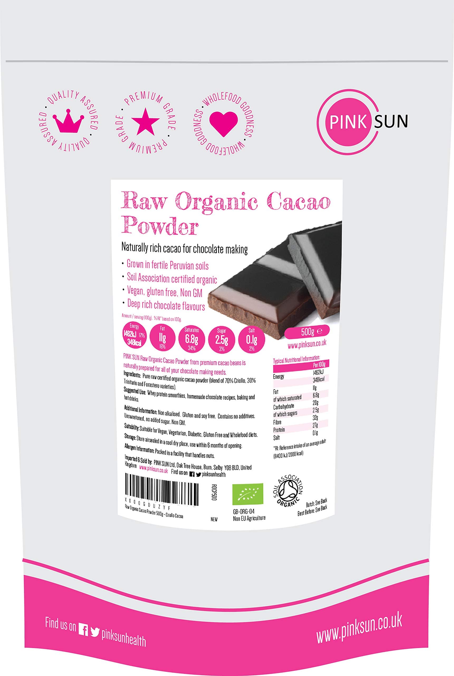 PINK SUN Raw Organic Cacao Powder 500g (or 1kg, 2kg, 3kg) Unsweetened Drinking Chocolate Natural Criollo Cocoa Sugar Free Gluten Free Vegan Vegetarian