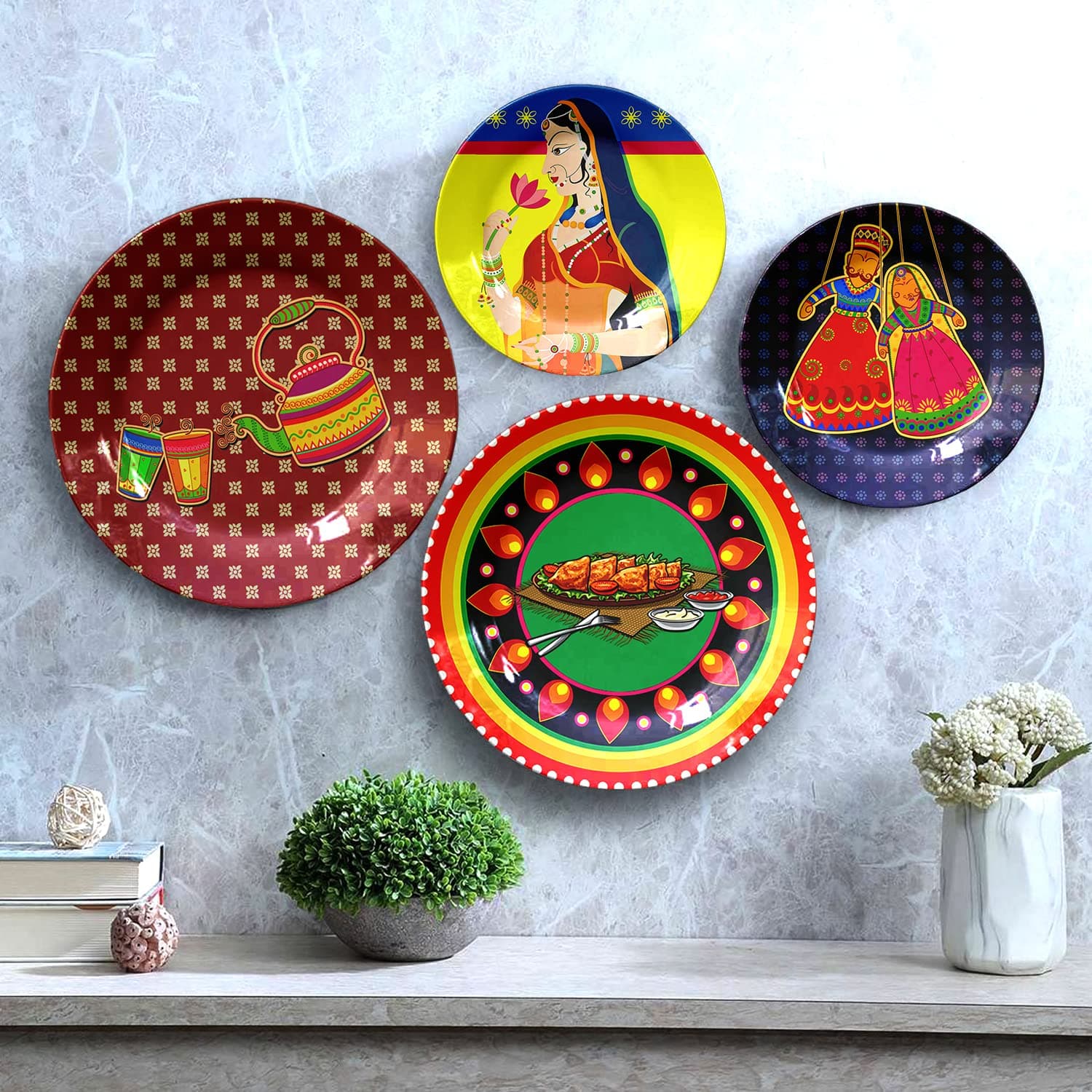 ALTAMODA Traditional Art Ceramic Plates with Stand, Decorative Wall Plates for Living Room, Bedroom, Cafe, Restaurant, Hall, Office, etc. (8 Inch & 6 Inch, Set of 4, ALTAMODA-decplt-PO4-051)