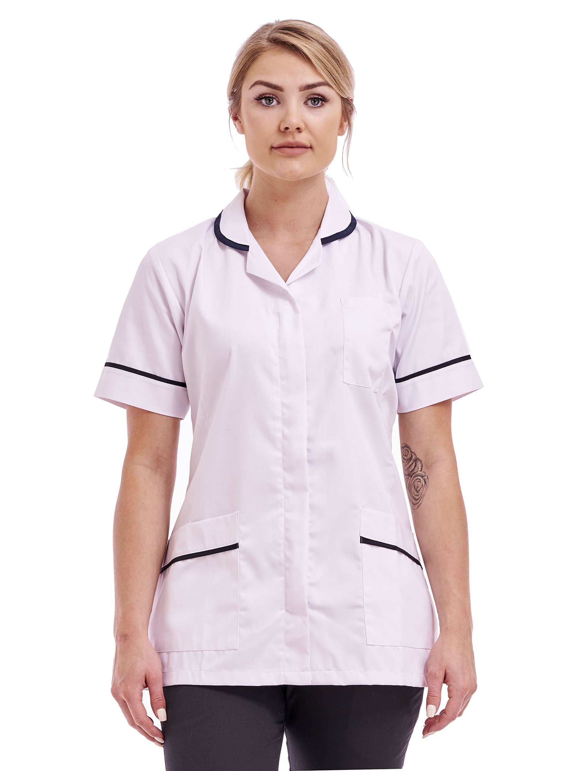 First Uniform SolutionsLadies Round Collar 2 Hip and 1 Breast Pocket Concealed Zip Front Fastening Collar Lower Pockets with Contrast Trim Half Sleeve Pocket Tunic Size 8 to 28