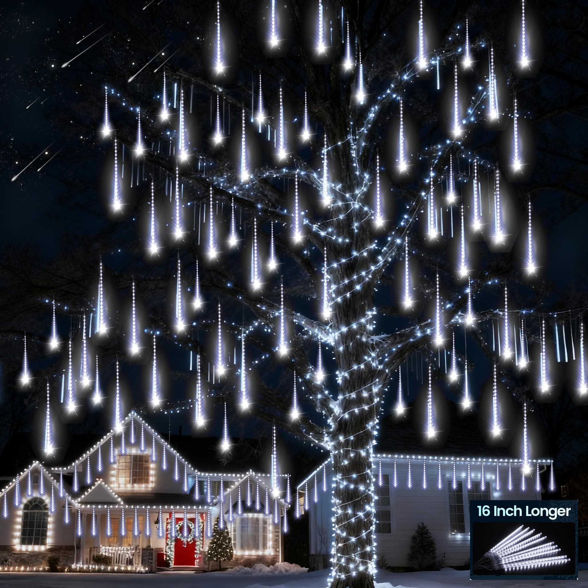 Aluan Christmas Lights Outdoor Meteor Shower Lights White 16 Inch 10 Tubes 360 LED Falling Rain Light Waterproof Snowfall Dripping Icicle Light for Xmas Tree Holiday Decoration Yard Porch Patio