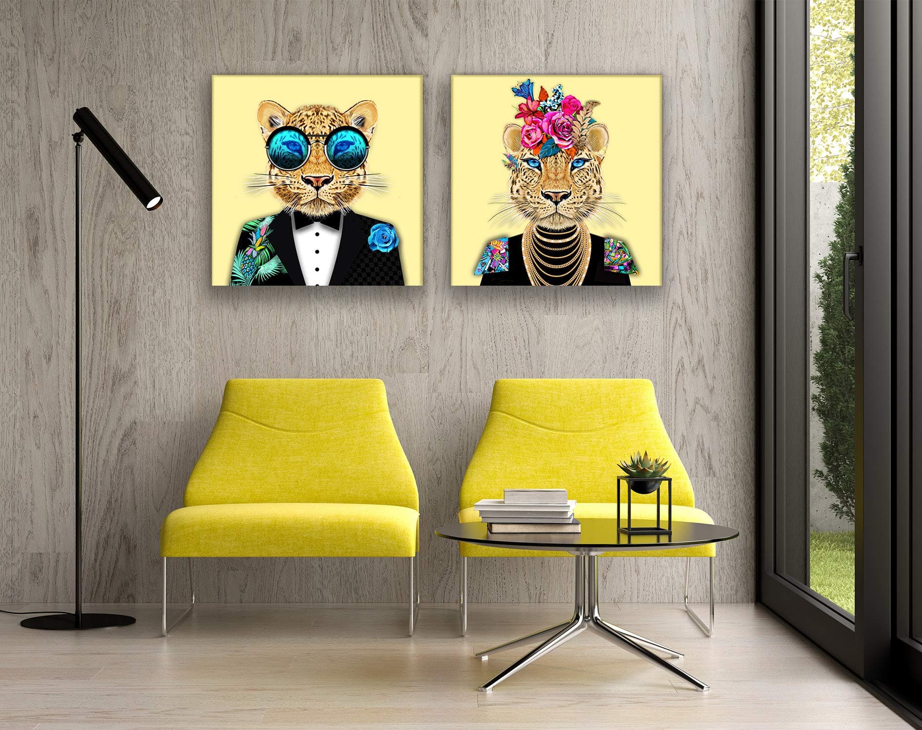 Framed Canvas Wall Art - Yellow Suited Leopard Wall Pictures Prints for Home Wall Room Decor - Artwork Paintings Set for Living Room Bedroom and Kitchen (23.6x23.6 x 2 Panels, Yellow Leopard)
