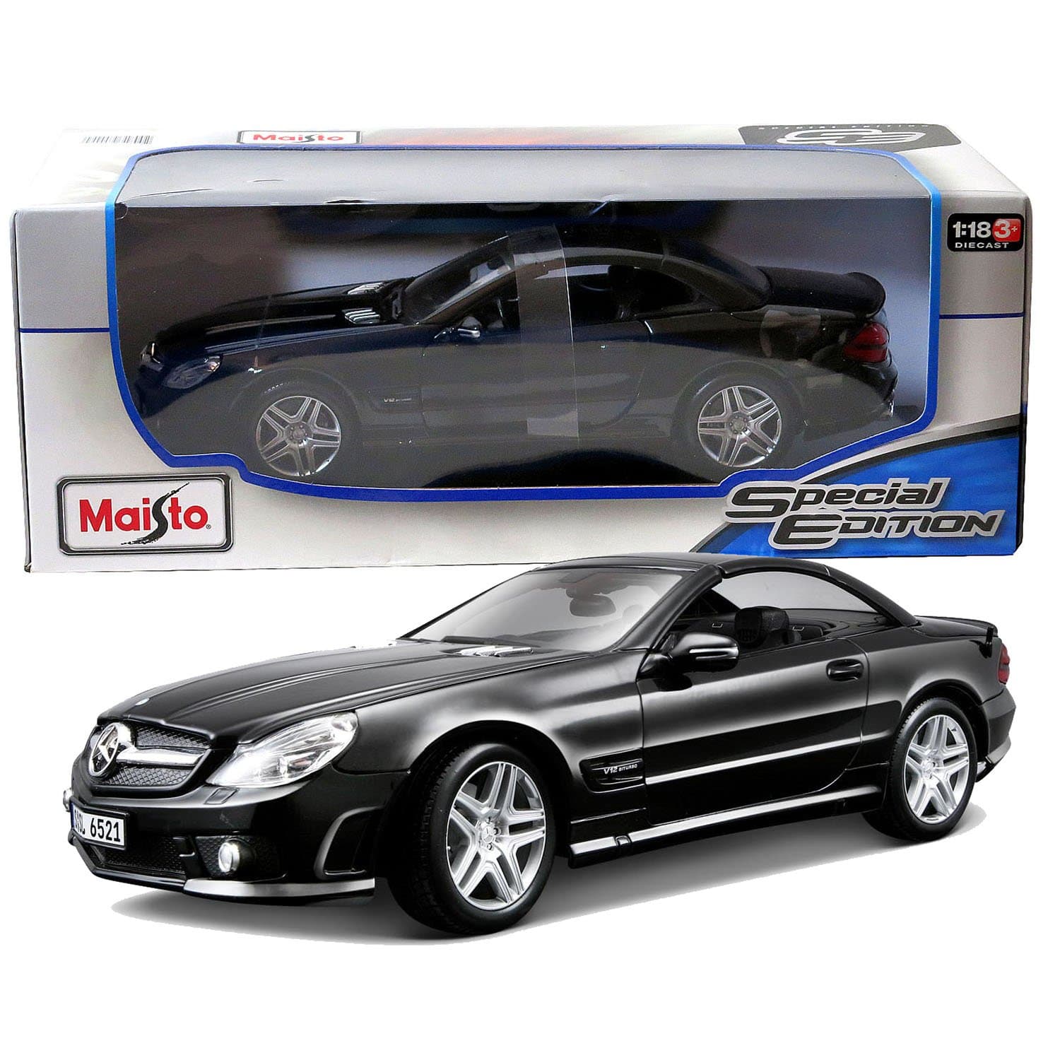 Maisto Year 2014 Special Edition Series 1:18 Scale Die Cast Car Set - Black Color Roadster MERCEDES-BENZ SL65 AMG with Display Base (Car Dimension: 9" x 3-1/2" x 3")