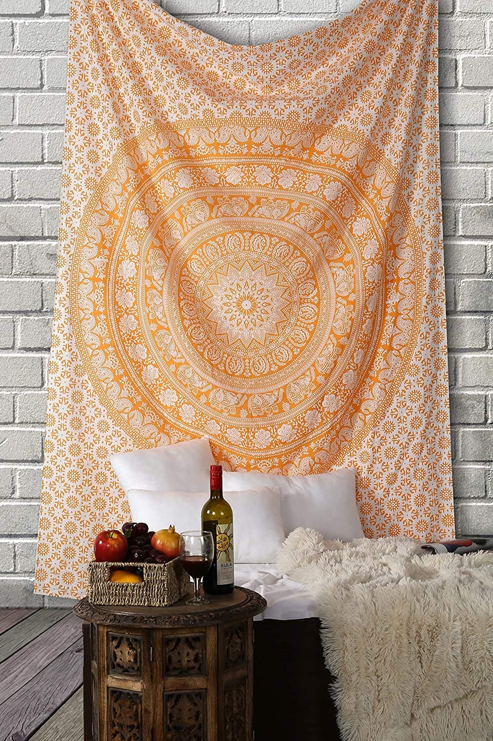 RAJRANG Elephant Mandala Tapestry Cotton Wall Hanging Hippy Tapestries Hippie Beach Throw College Dorm Decor Bohemian Boho Bed sheet - Orange - 84 x 54 Inches
