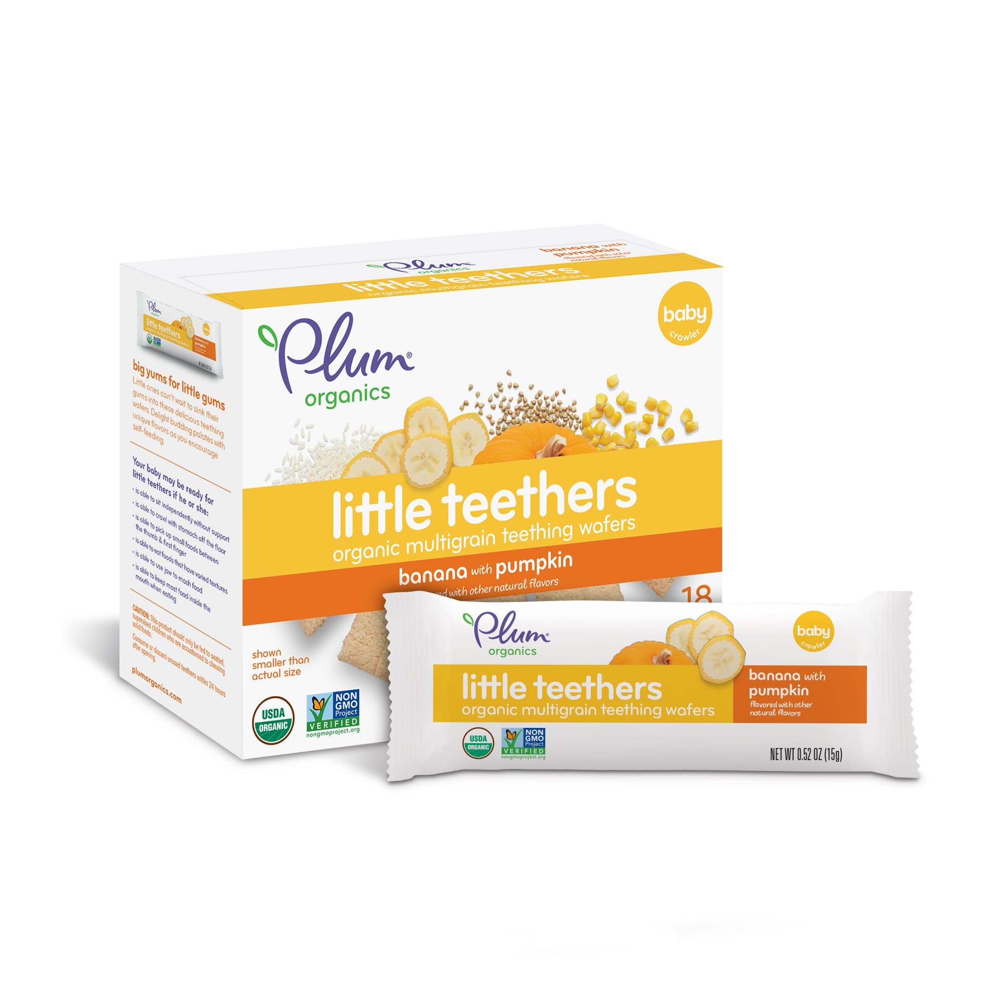 Plum Organics Little Yums, Organic Baby Teething Wafers, Pumpkin Banana, 3.17 Oz, 6 Bars