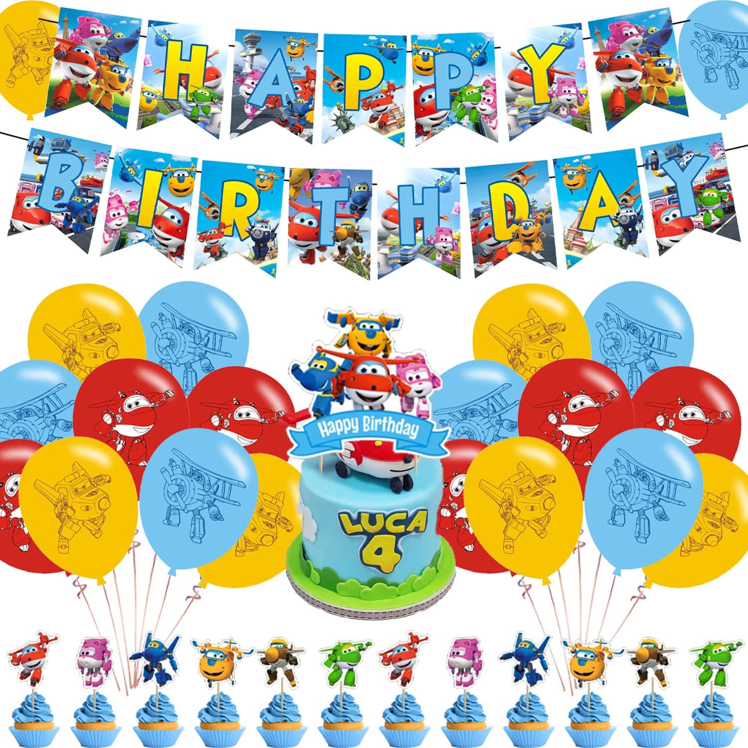 Super Wings Party Decorations,Super Wings Birthday Party Supplies Includes Banner - Cake Topper - 12 Cupcake Toppers - 18 Balloons