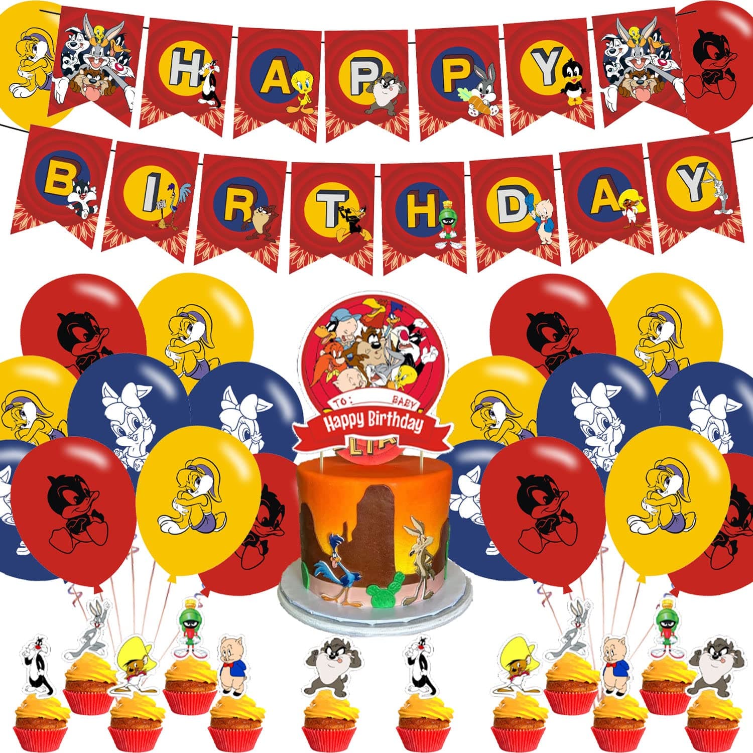 Looney Tunes Birthday Party Supplies - Banner, 18 Balloons, 12 Cupcake Toppers - Red, Yellow, Blue, Green Cartoon Theme