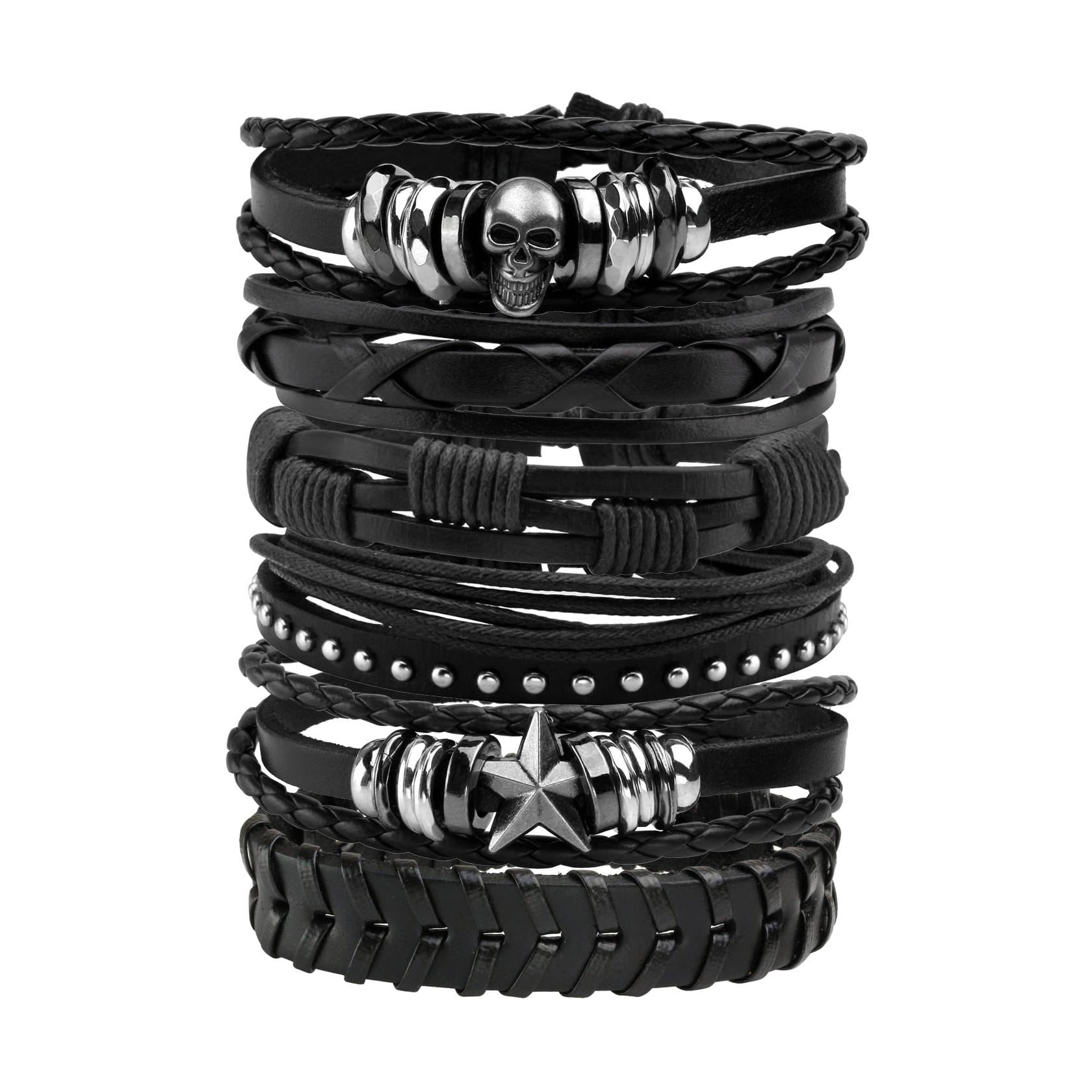 MILAKOO 6pcs Punk Leather Bracelet for Women Men Braided PU Wristband Skull Skeleton Accessories, 9.5 inches, Leather