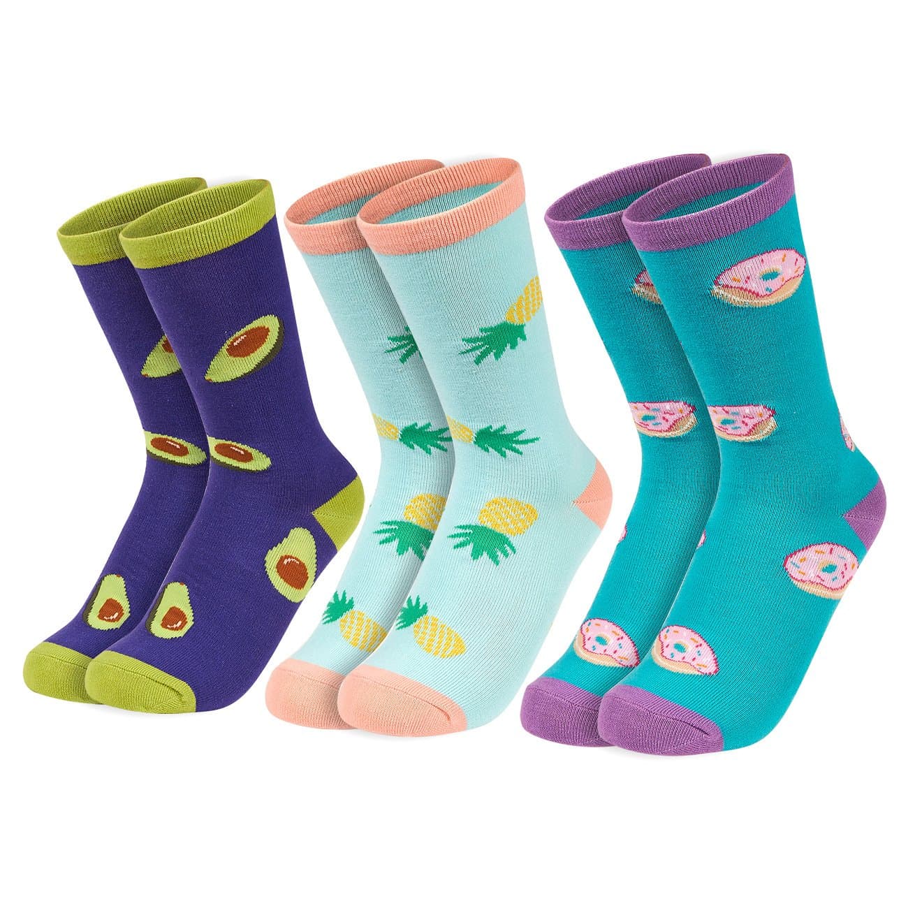 Soxxo3 Pairs Novelty Funny Crew Socks with Avocado, Pineapple, Donut Pattern Fun Gift, Fits for Women Shoe Size 6-9