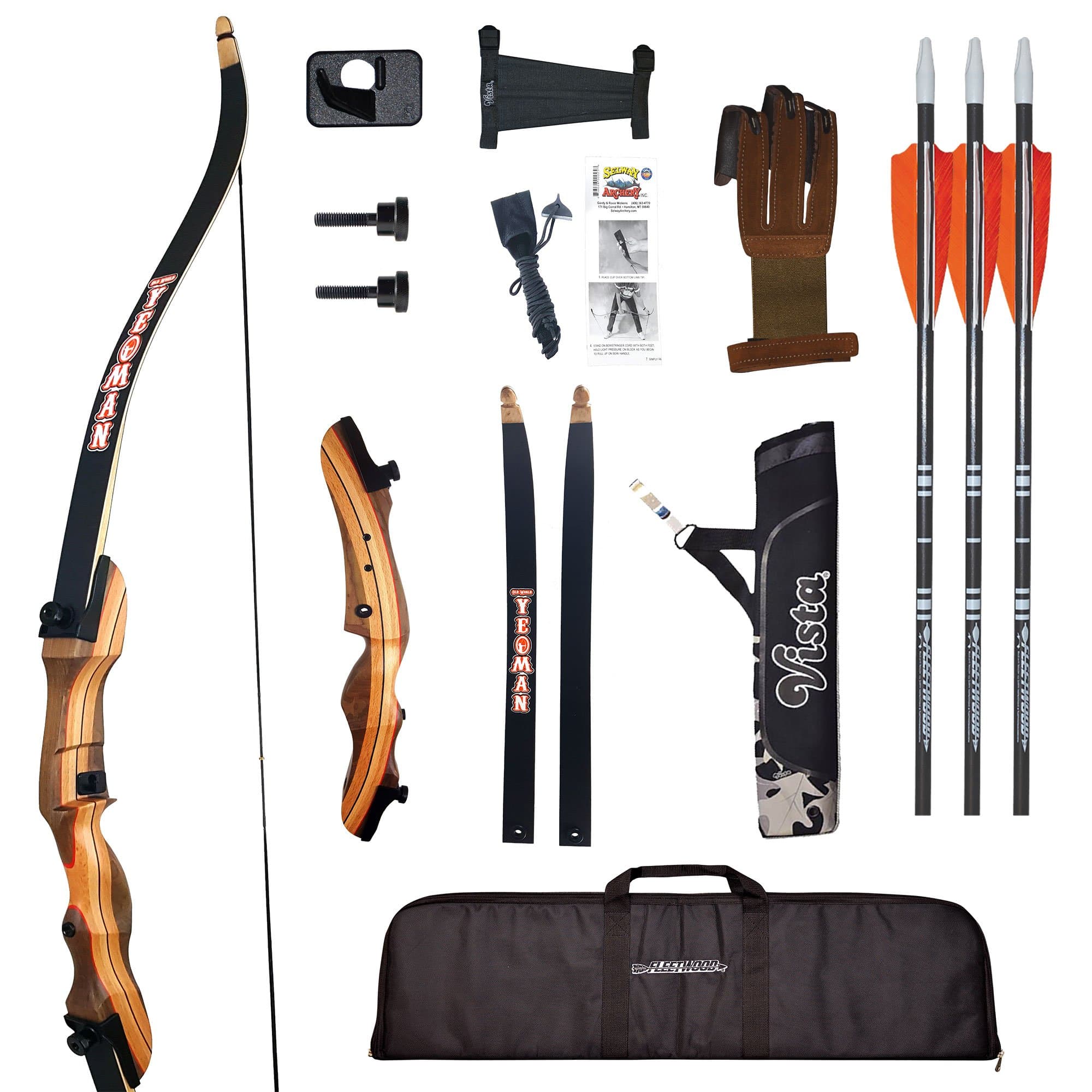 Old World Yeoman Elite 54" Takedown Recurve Bow Kit BLACK | Recurve bow package includes arrows, case, quiver, glove, arm guard, stringer, & rest! | 15,20,25,29 lbs | Right / left handed