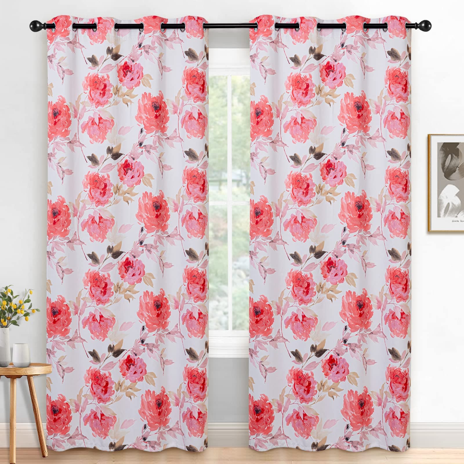 MYSKY HOME Blackout Curtains for Living Room Darkening Curtains 84 Inch Length Thermal Insulated Grommet for Bedroom Kitchen Floral Printed Curtains, 42" W x 84" L, Red, 2 Panels