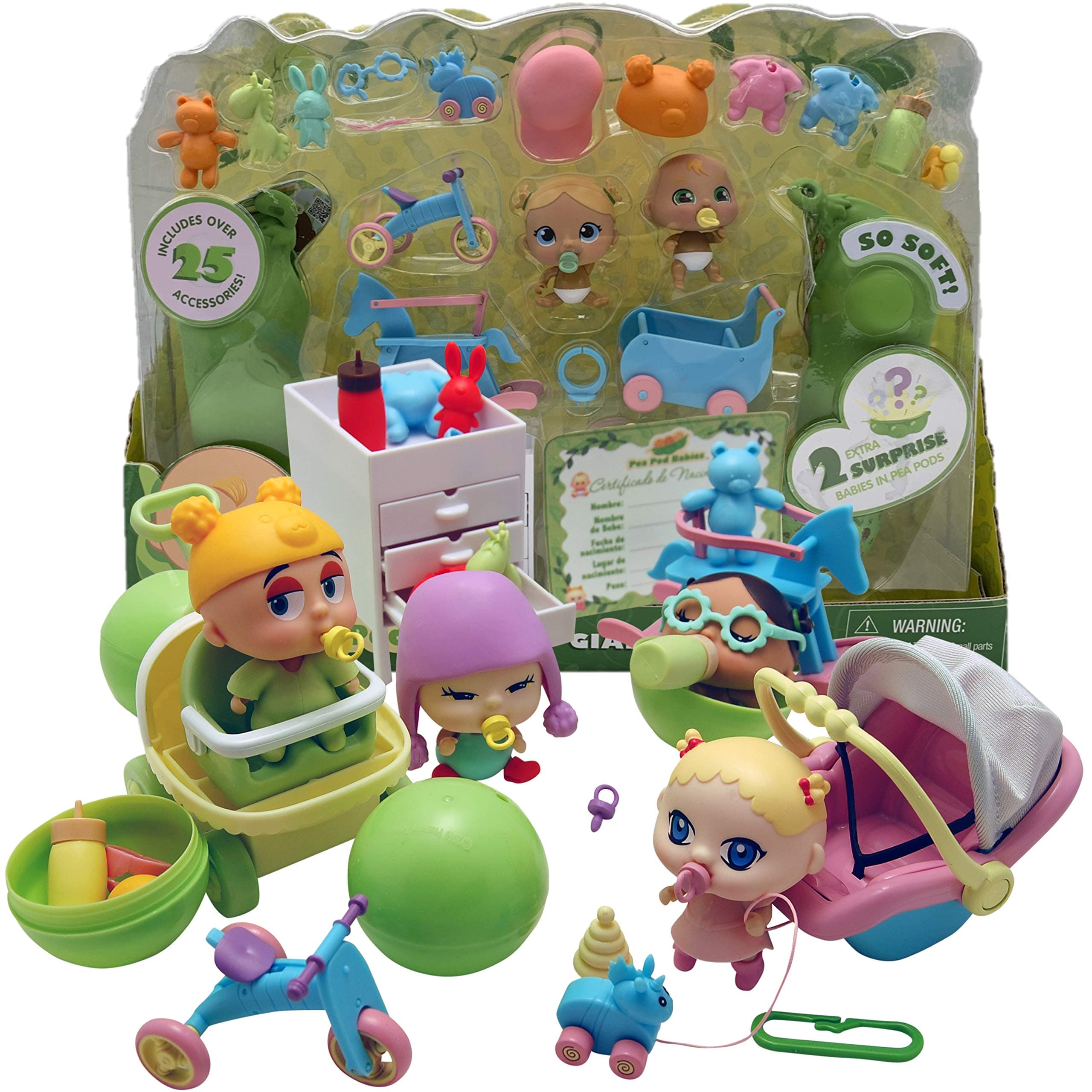 Playful Minds Pea Pod Babies Giant Twenty Five Piece Playset - Collectible Mystery Surprise Toy with Mini Baby, Clothing, & Accessories - All in A Soft Pea Pod - Small Doll for Boys & Girls Ages 3+