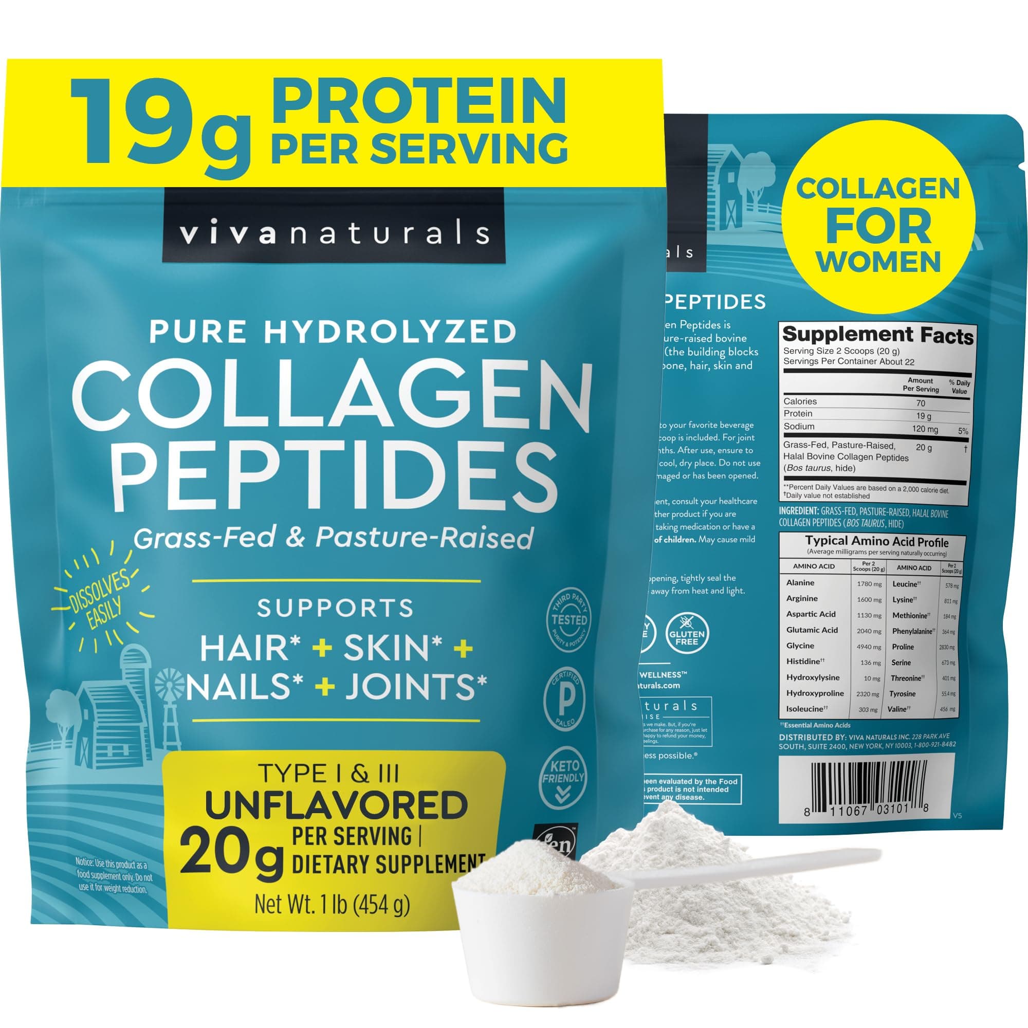 Collagen Peptides Powder - Grass-Fed Hydrolyzed Bovine, Type I & III - 19 g Protein, Unflavored, Easy Dissolving - Joint, Skin, Hair & Nail Support - Paleo, Keto, Non-GMO - 1lb