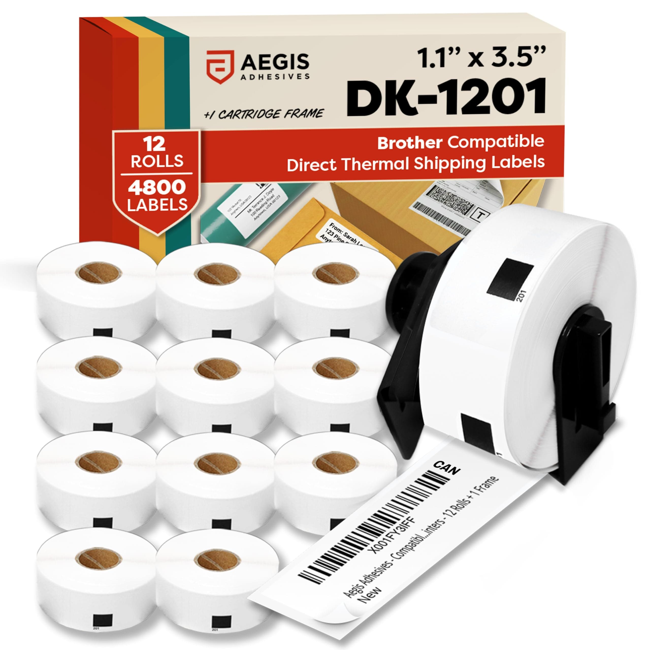 Aegis Adhesives - Replacement for Brother DK-1201 (12 Rolls, 4800 Total) 1.1" X 3.5" Direct Thermal Address Labels with Reusable Frame - Compatible with QL Printers, QL-800, QL-810W, QL-820NWB