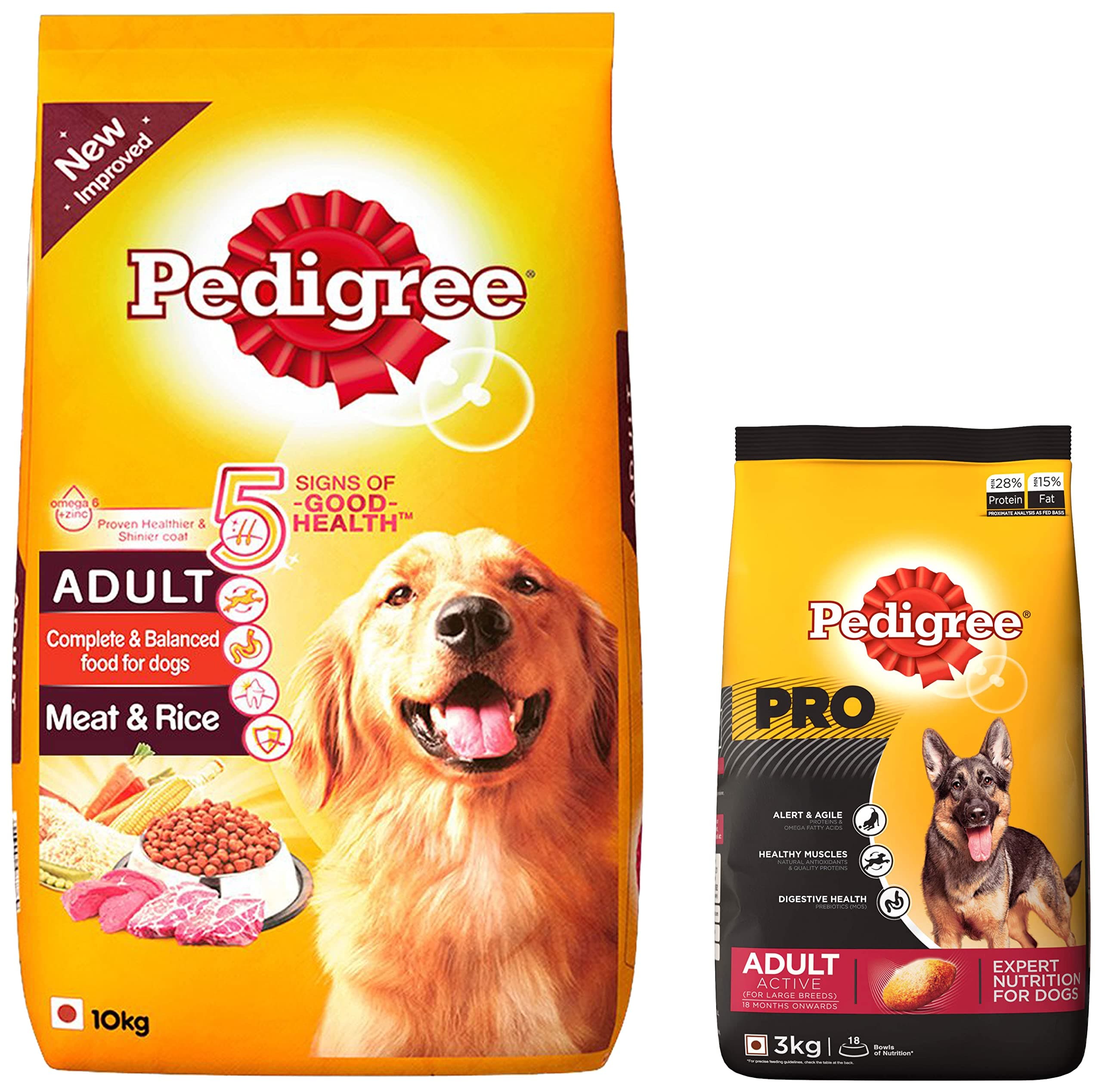Adult Dry Dog Food, Meat & Rice, 10kg Pack & PRO Expert Nutrition Active Adult Large Breed Dog (18 Months Onwards) Dry Dog Food, 3kg Pack Flavour : Chicken